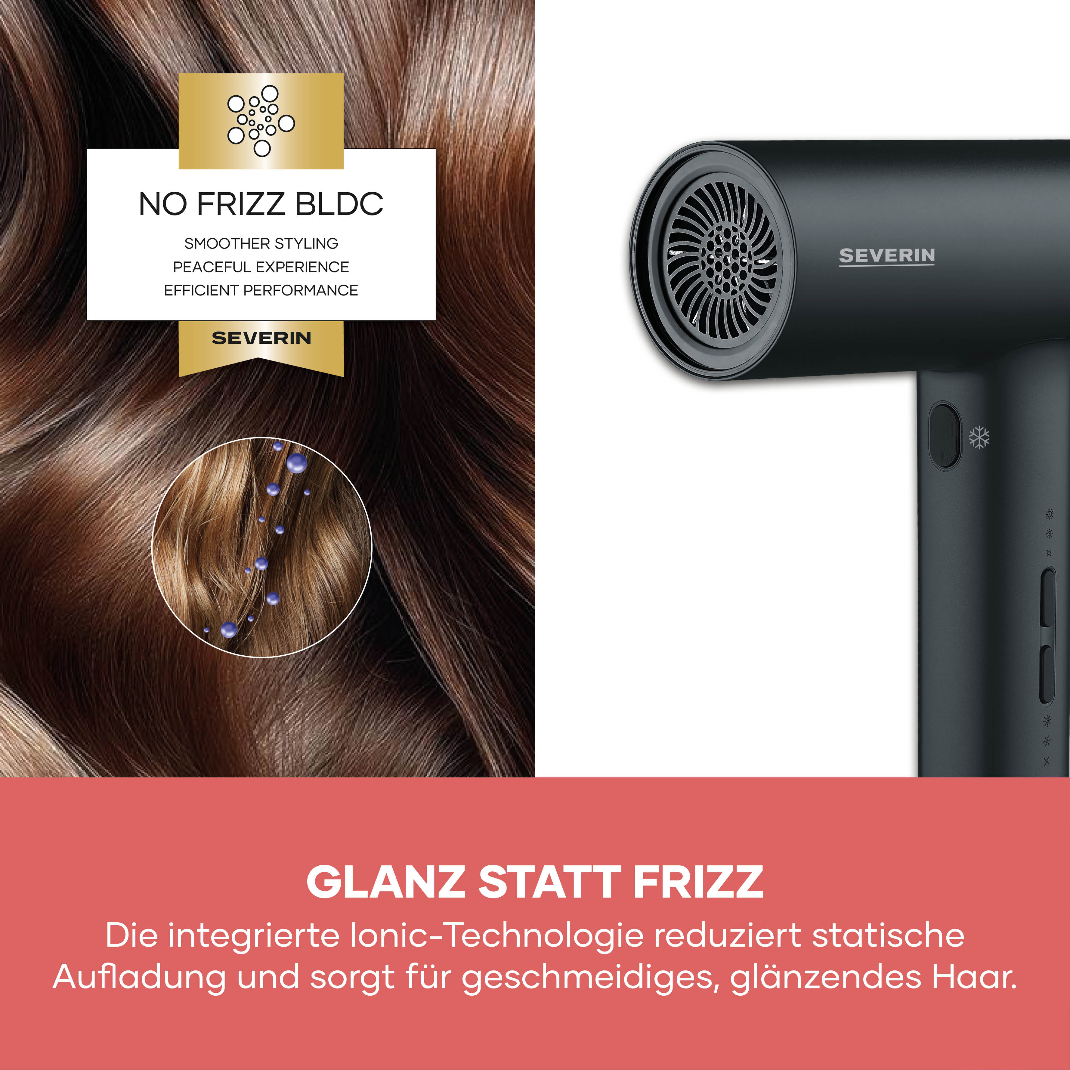 Een zwarte haardroger met glanzend haar. NO FRIZZ BLDC.