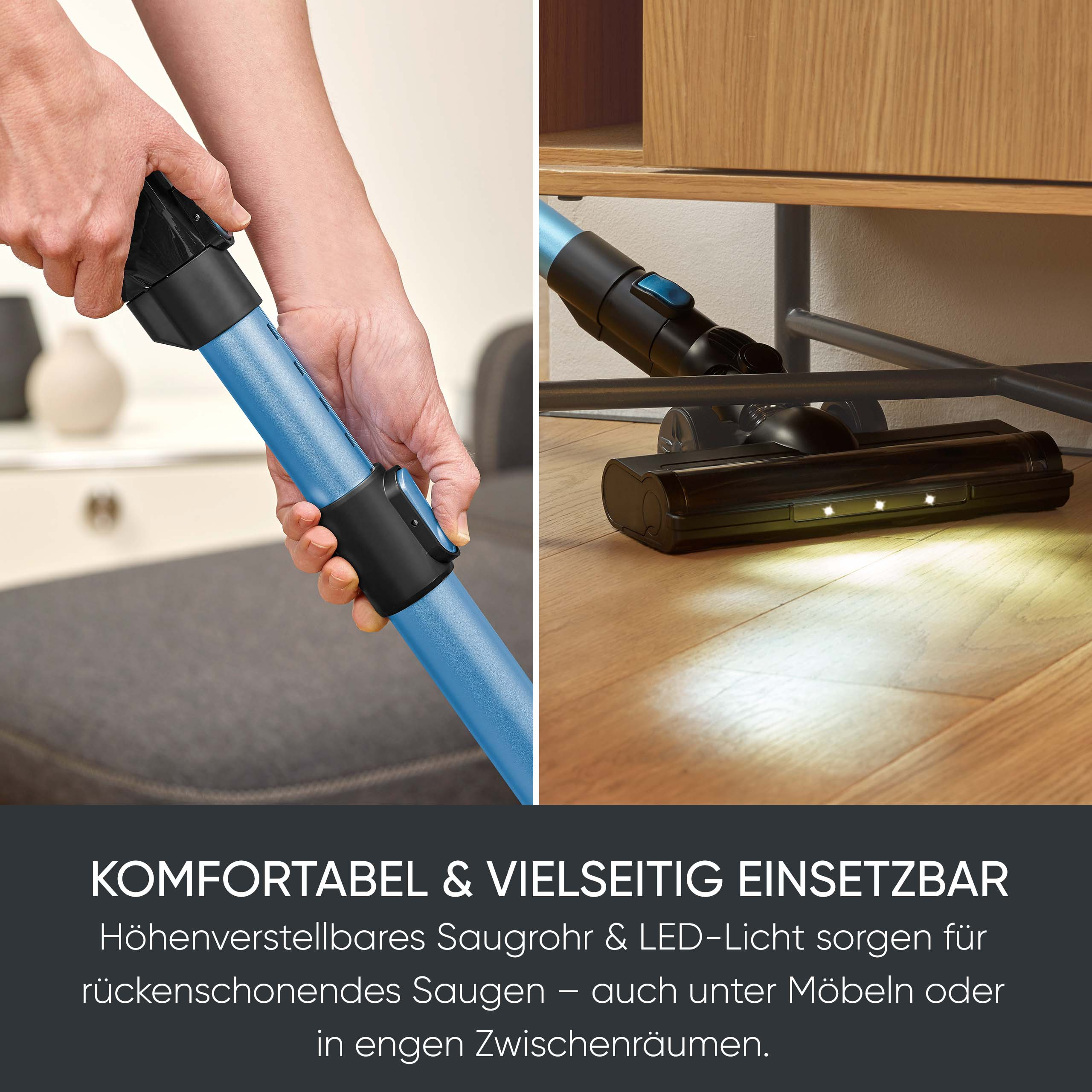 Tubo de aspiración azul sujetado; cabezal con luz LED bajo muebles.