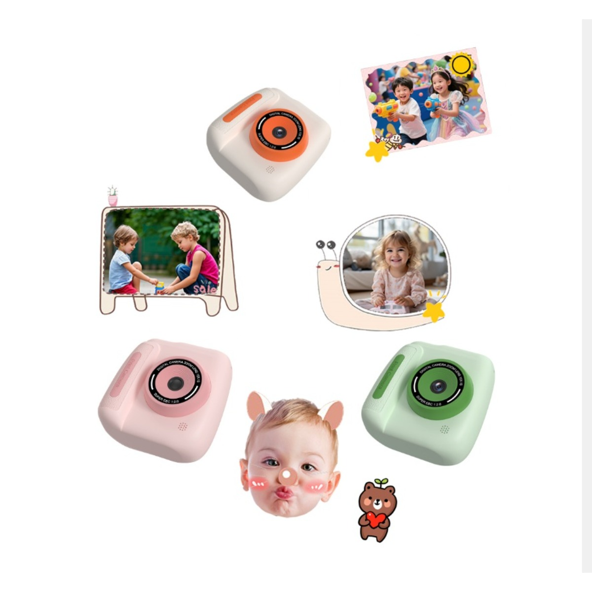Tre fotocamere per bambini, un viso da bambino e un'illustrazione di orso bianchi.