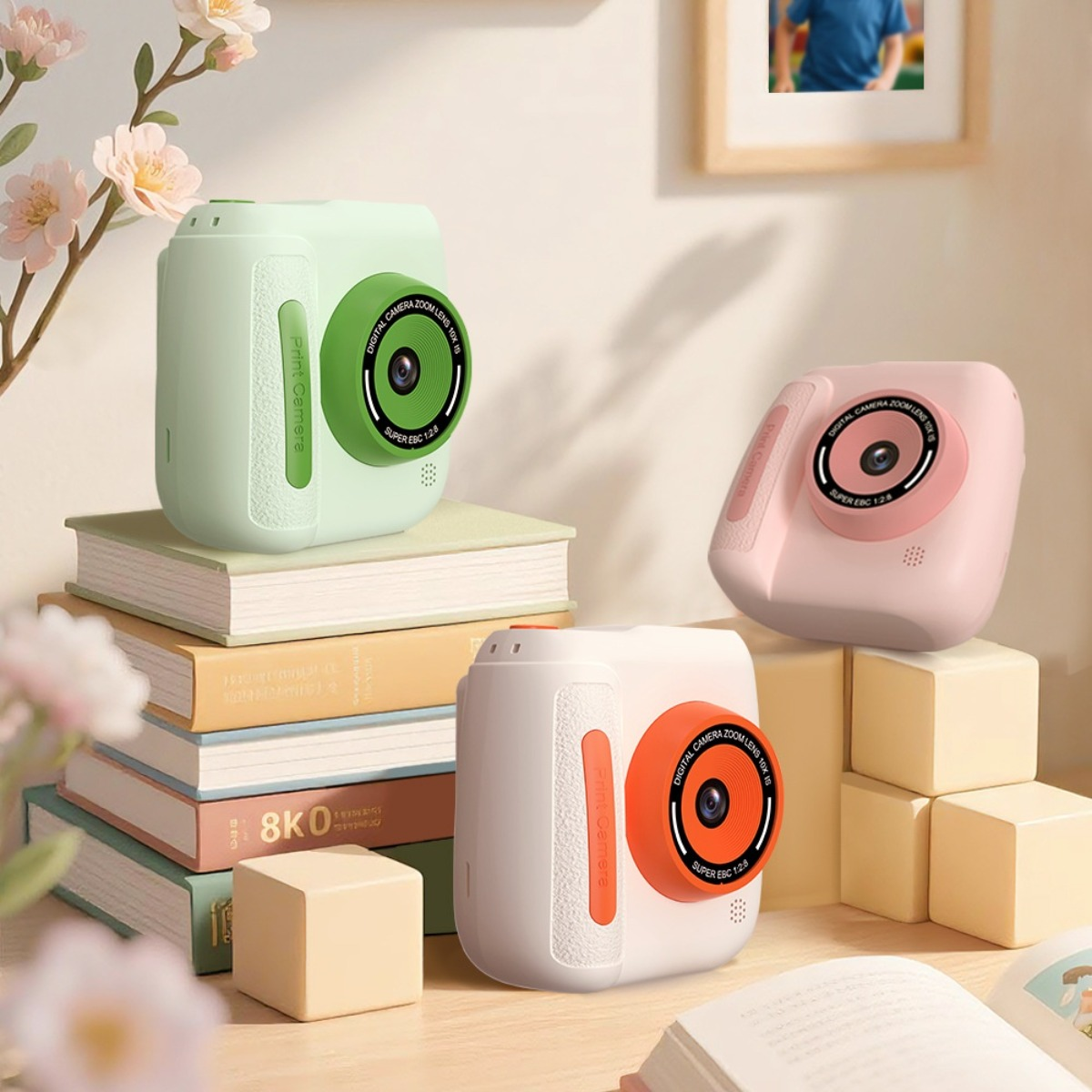 Tre fotocamere per bambini: verde chiaro, rosa e bianco con dettaglio arancione, su libri e blocchi.