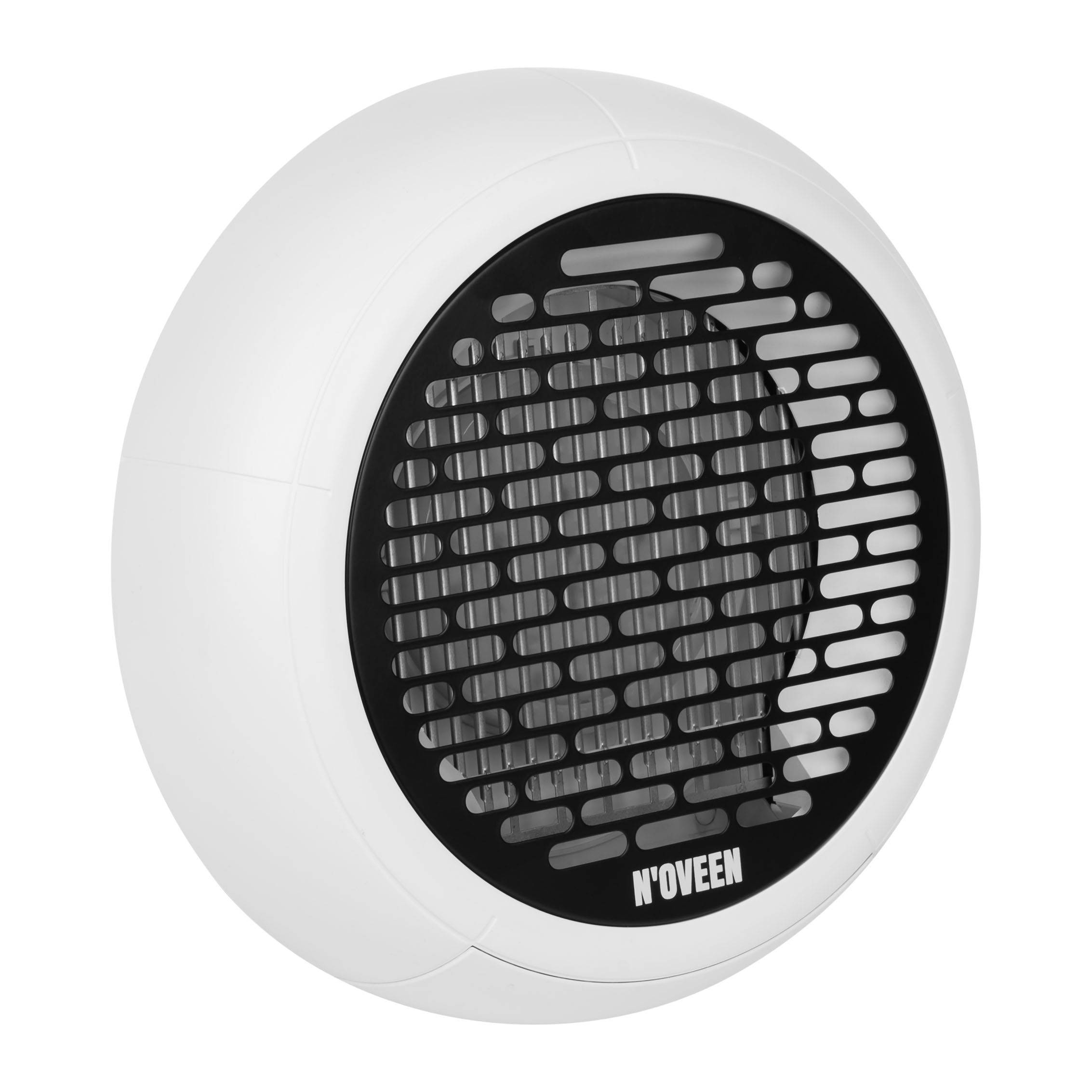 Biały, kulisty grzejnik z czarną kratką i logo.