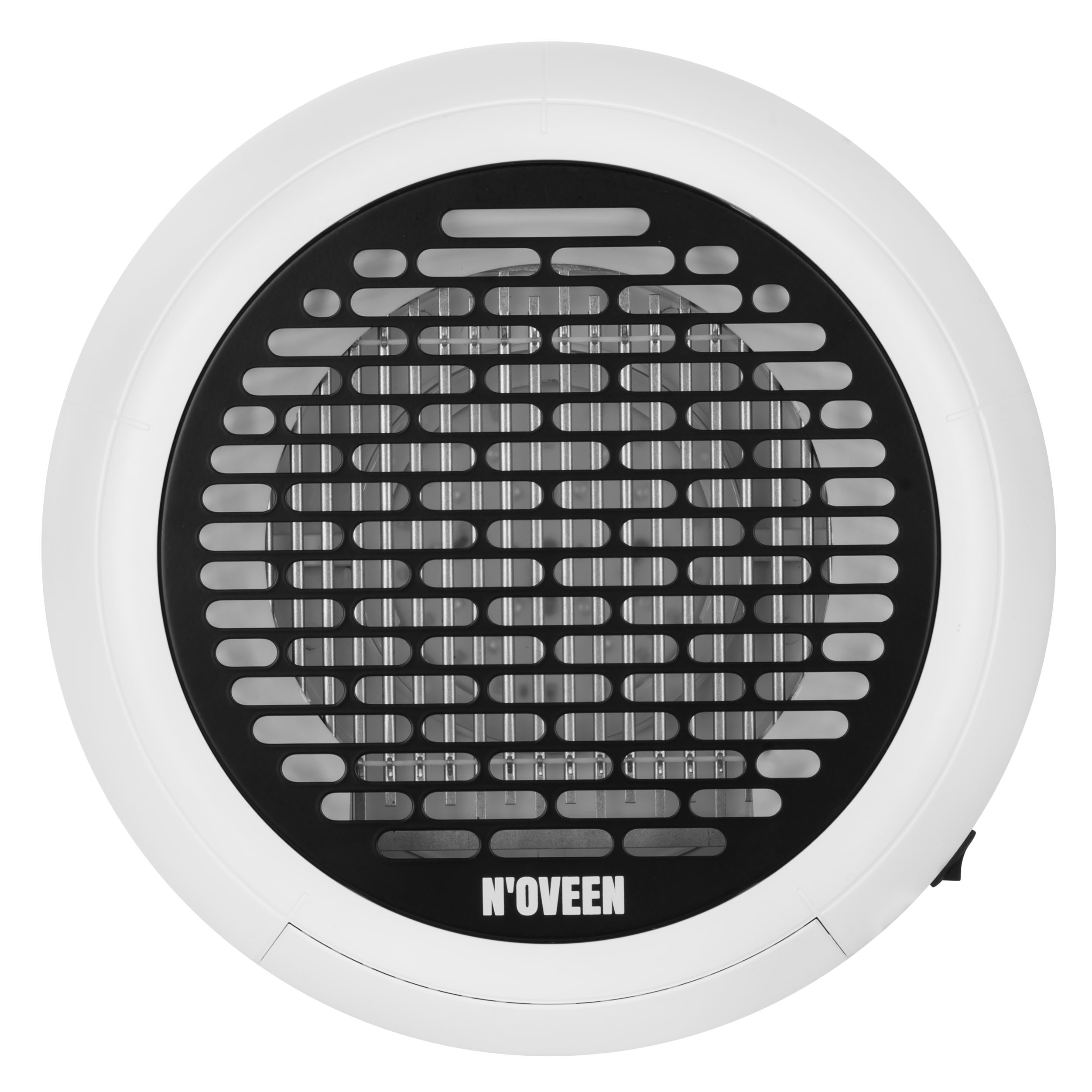 Biały wentylator z czarną kratką i logo N'OVEEEN.