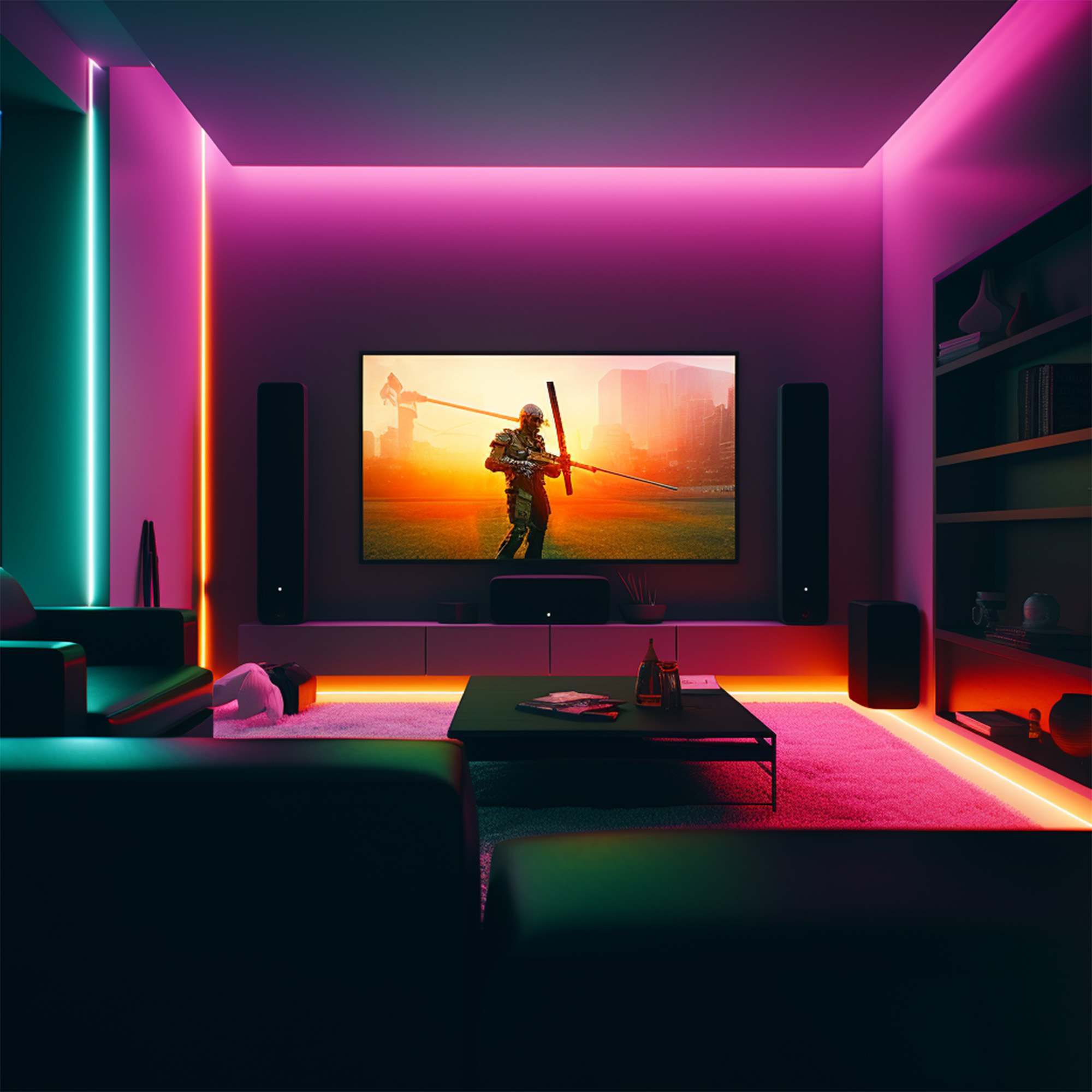 Un salon futuriste avec des néons, une grande TV affichant un soldat.