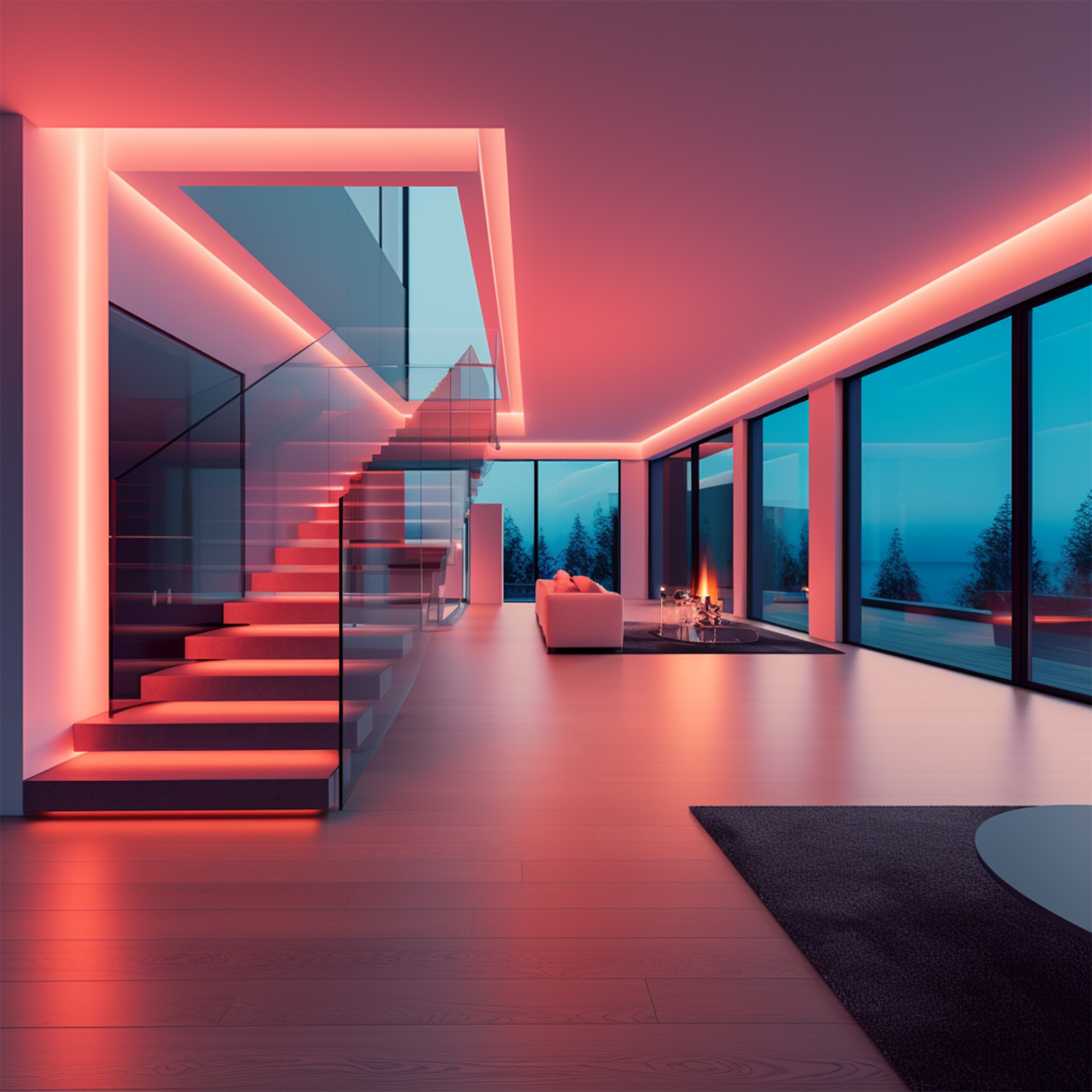 Salon moderne avec éclairage rouge, escalier en verre, cheminée et canapé.