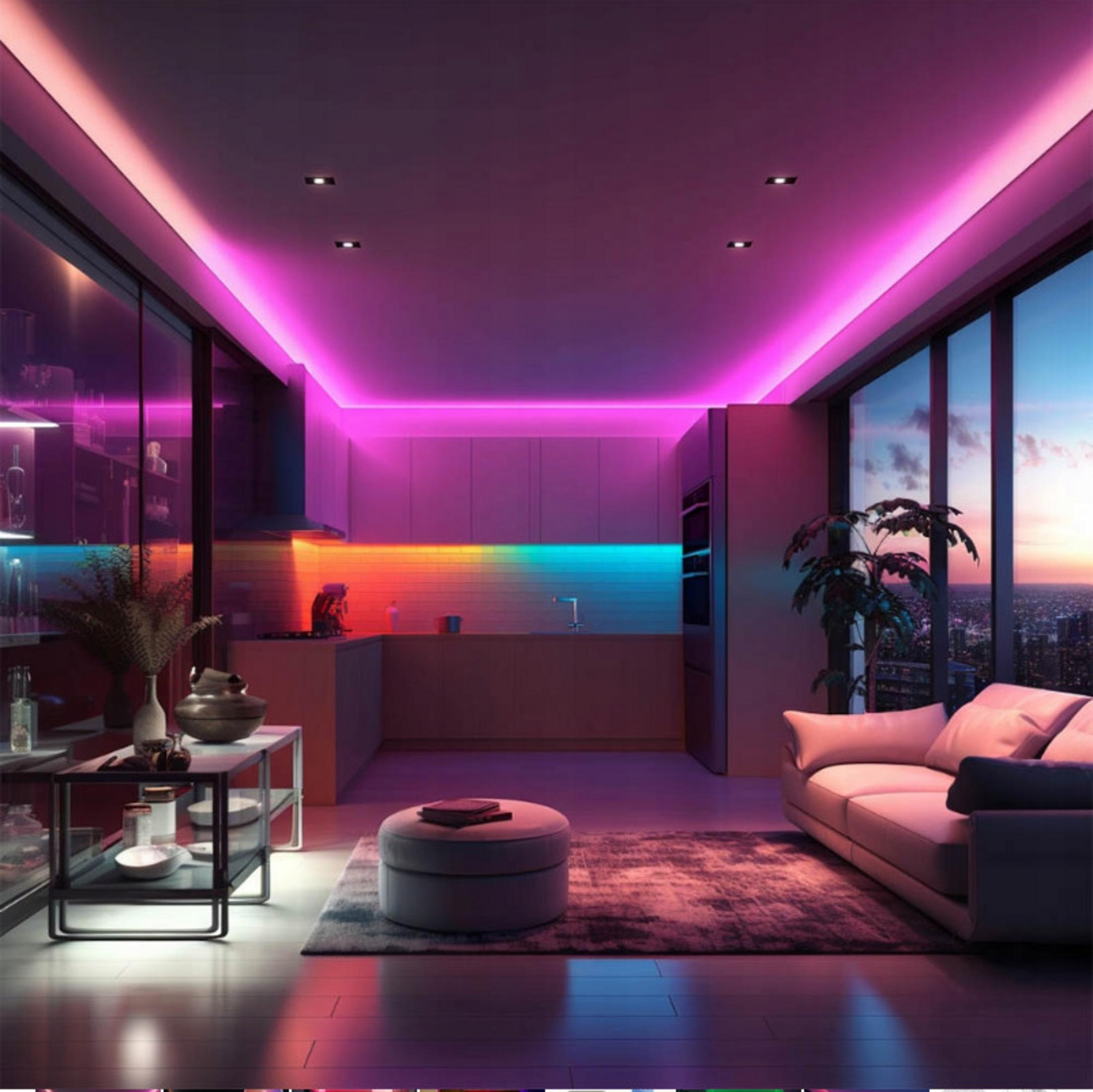 Cuisine et salon modernes, éclairés par des bandes LED violettes.