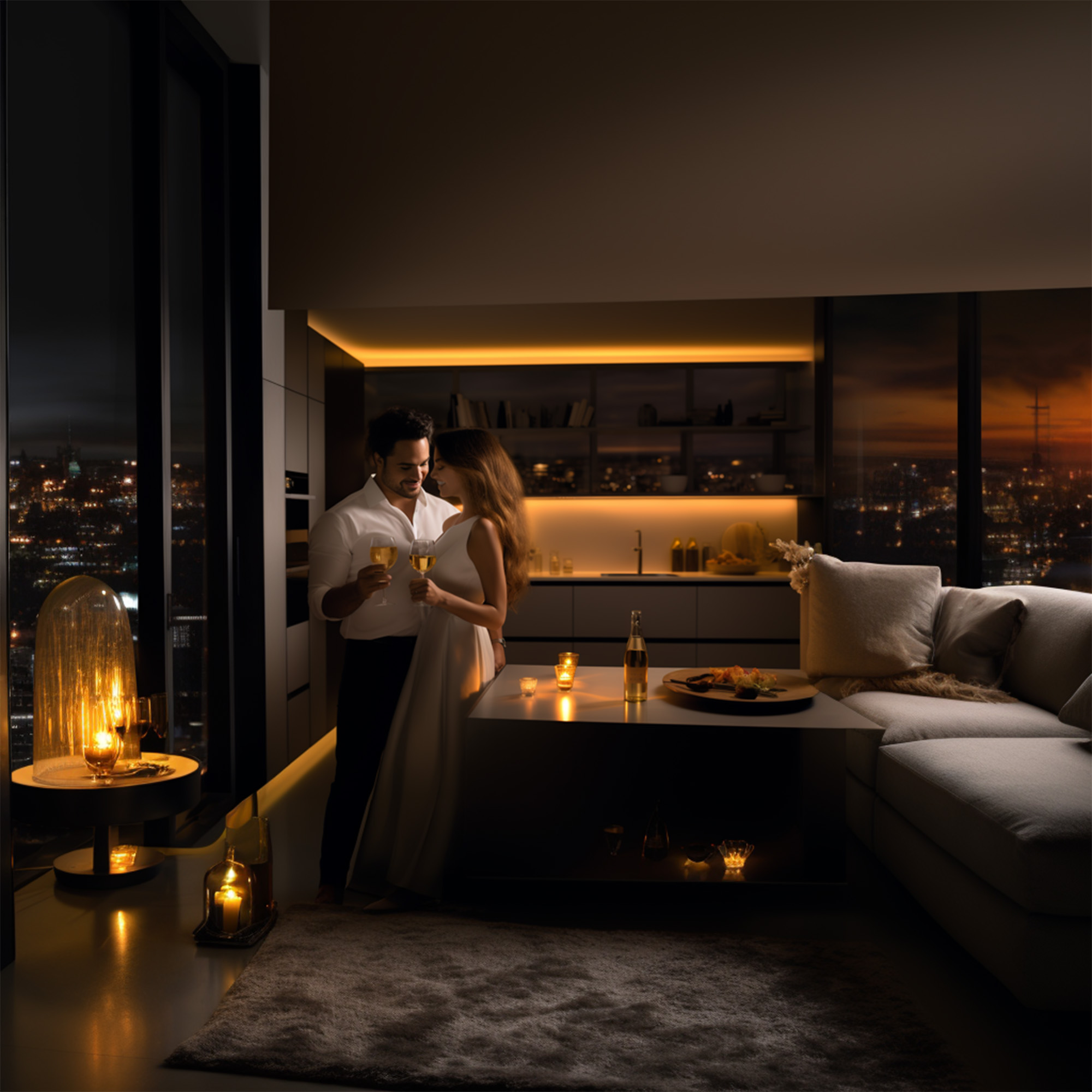 Un couple célèbre avec du champagne dans un appartement moderne la nuit.