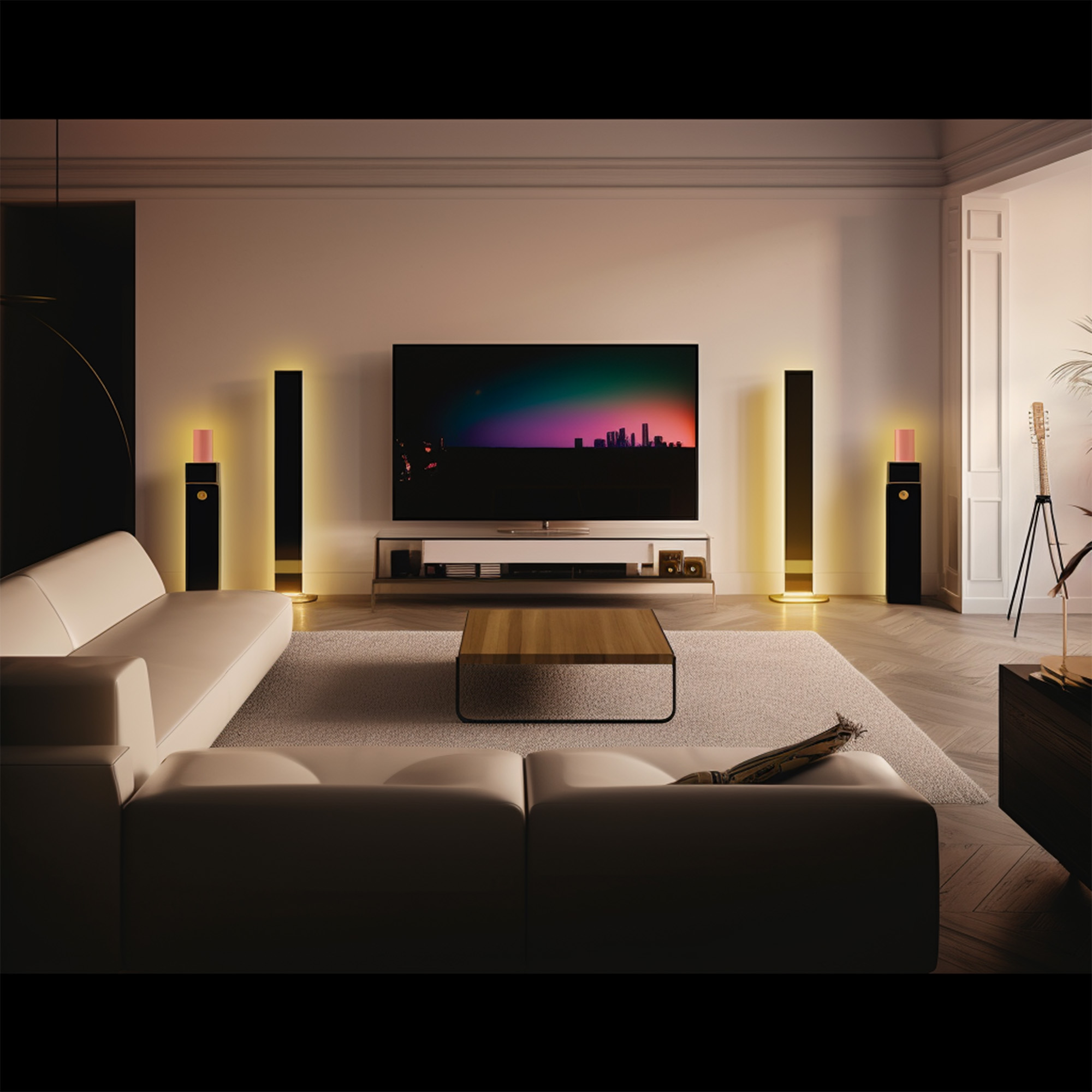 Un salon moderne avec une grande télévision, deux enceintes épurées et un canapé beige.