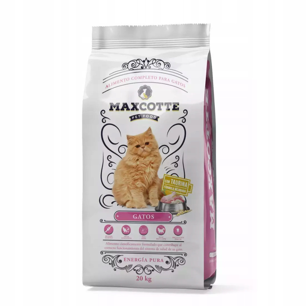 Maxcotte karma dla kota, 20 kg, z rudym kotkiem z przodu.