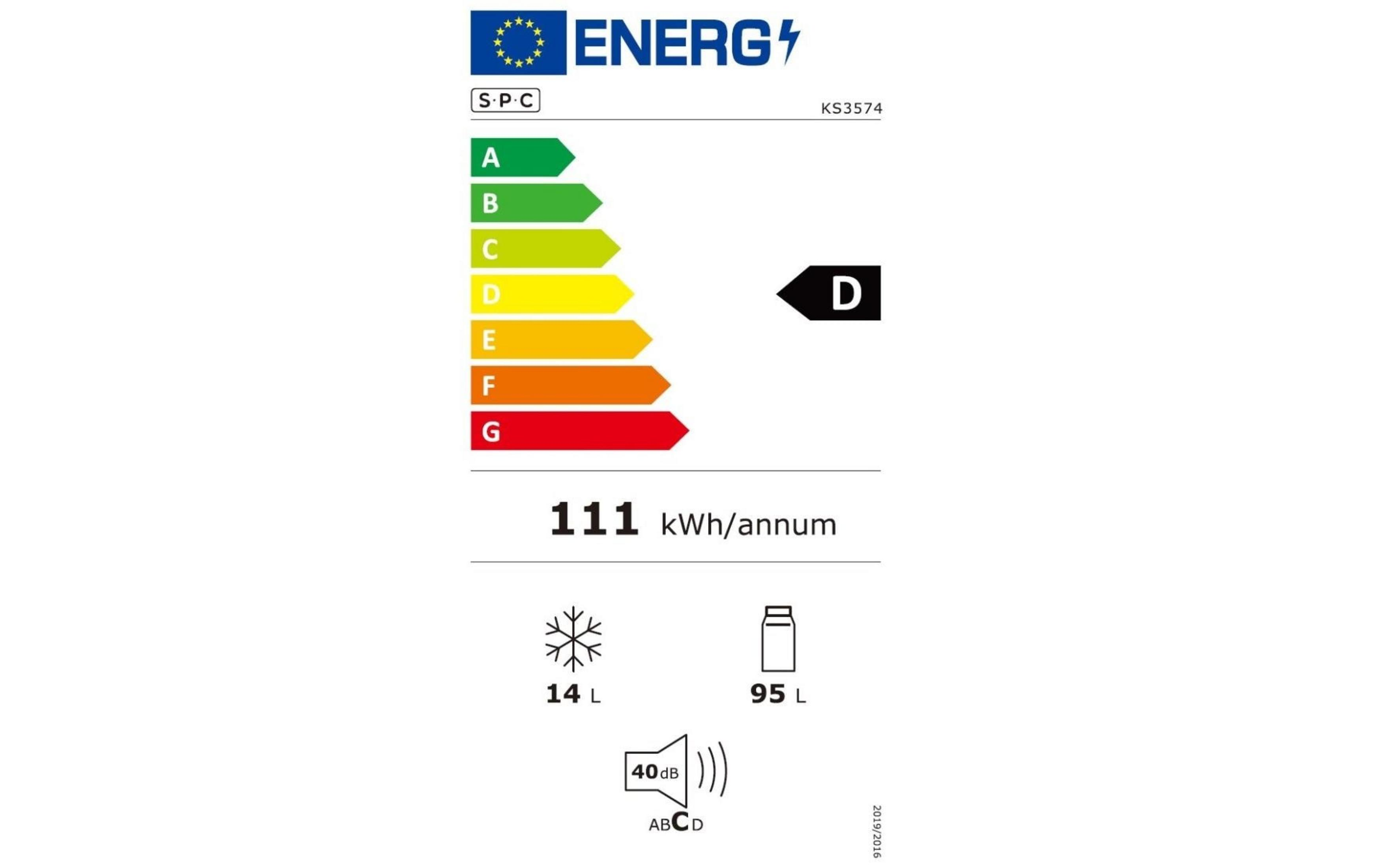 Energielabel mit Effizienzklasse D, 111 kWh/Jahr, 14L Gefrierfach, 95L Kühlfach, 40dB.