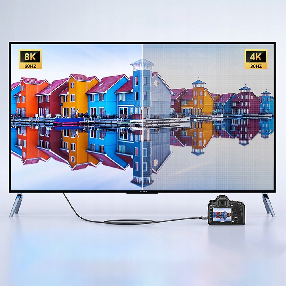 Telewizor wyświetla kolorowe domy. Lewo 8K 60Hz, prawo 4K 30Hz. Podłączona kamera.