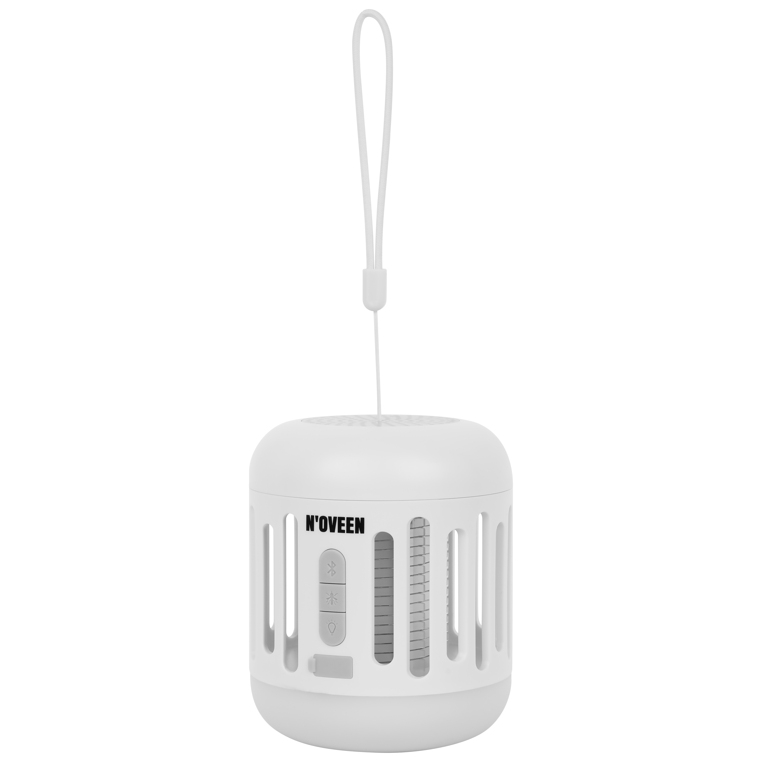 Biały głośnik przenośny z otworami wentylacyjnymi i przyciskami sterującymi.