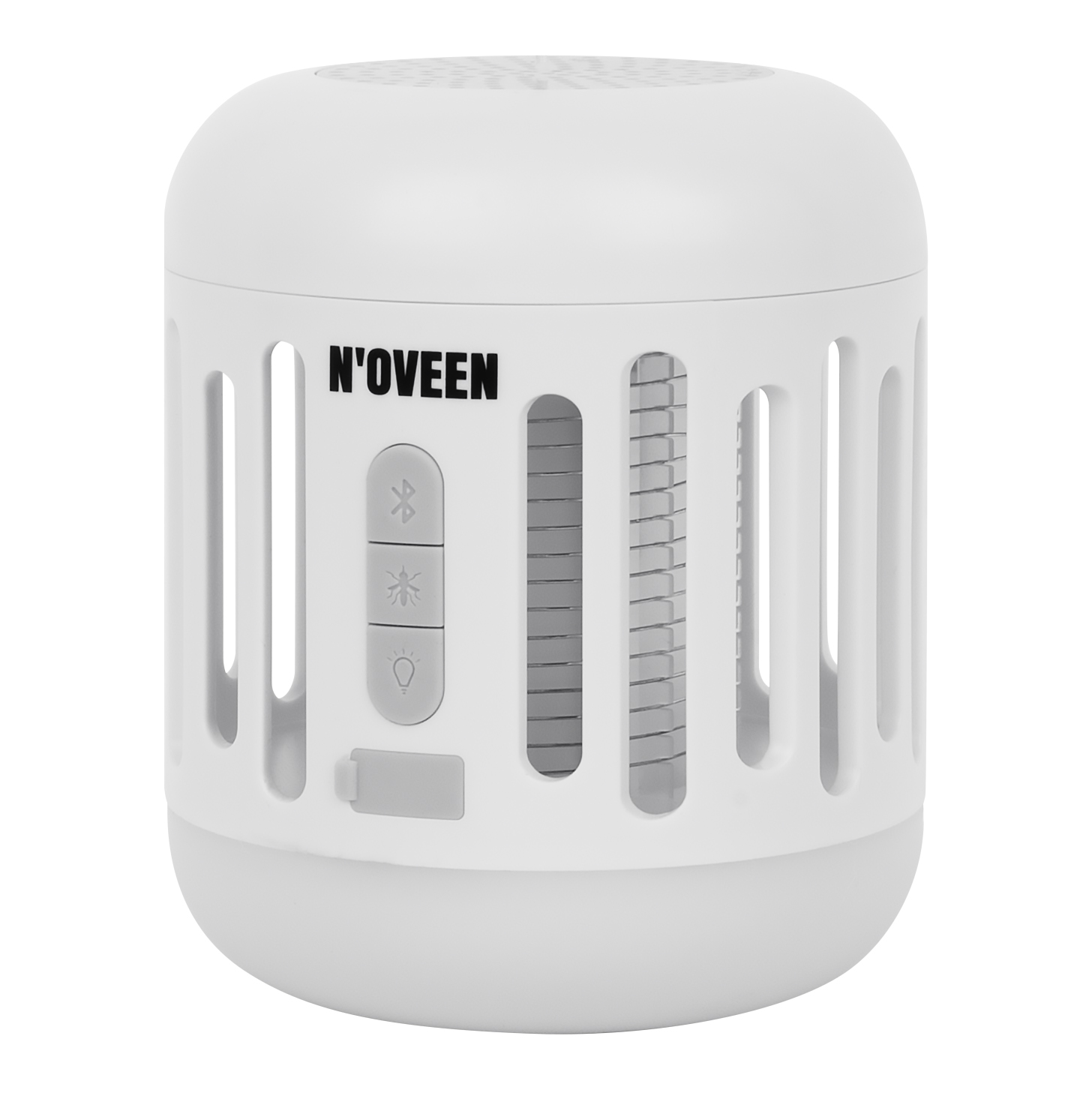 Biały głośnik z otworami wentylacyjnymi i szarymi przyciskami.