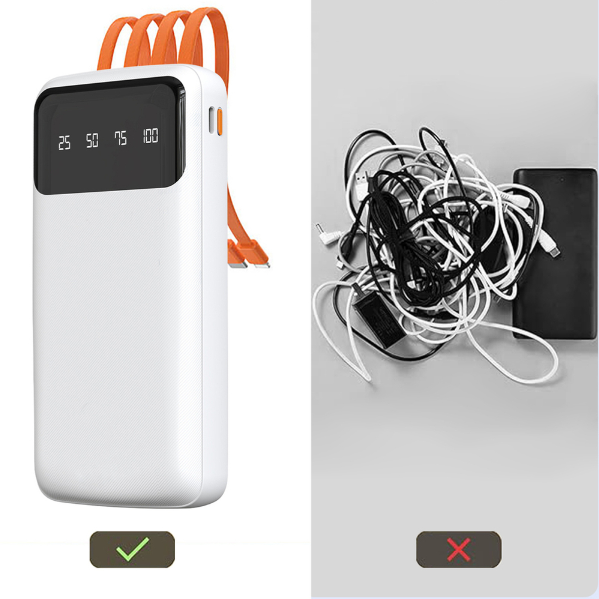Weiße Powerbank mit orangen Kabeln vs. verworrene schwarze und weiße Kabel.
