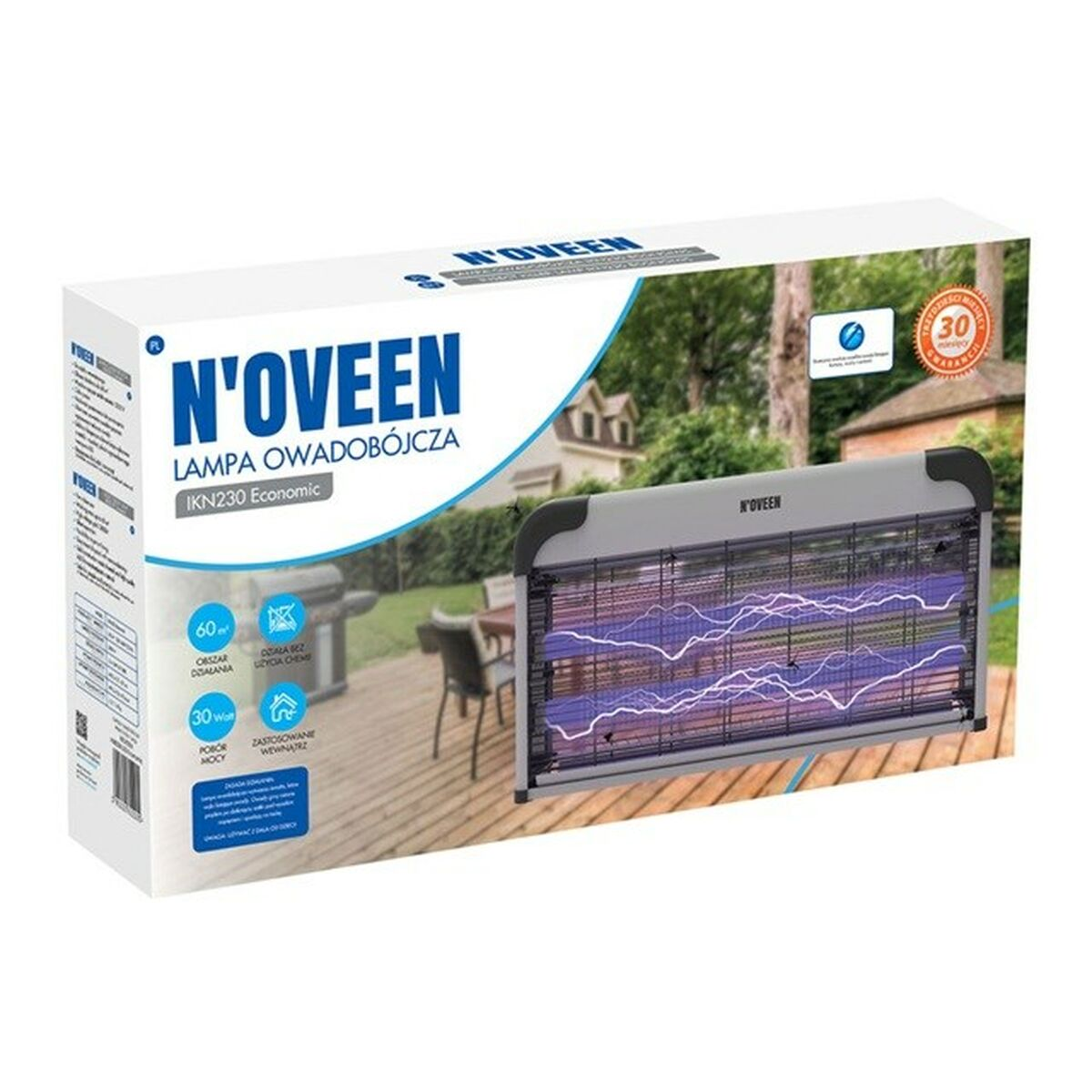 Zabójca owadów N'Oveen z niebieskimi światłami na opakowaniu z motywem ogrodu.