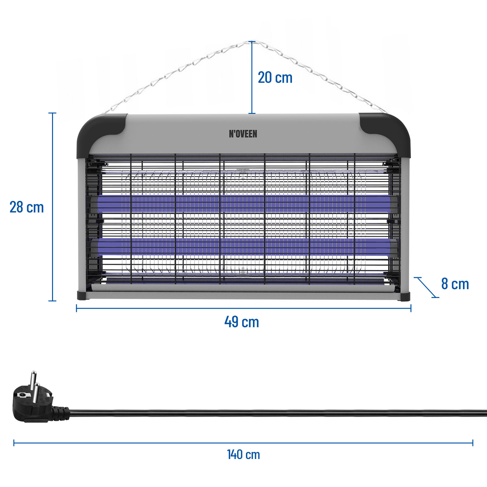 Srebrny zabójca owadów z niebieskimi światłami i łańcuchem.