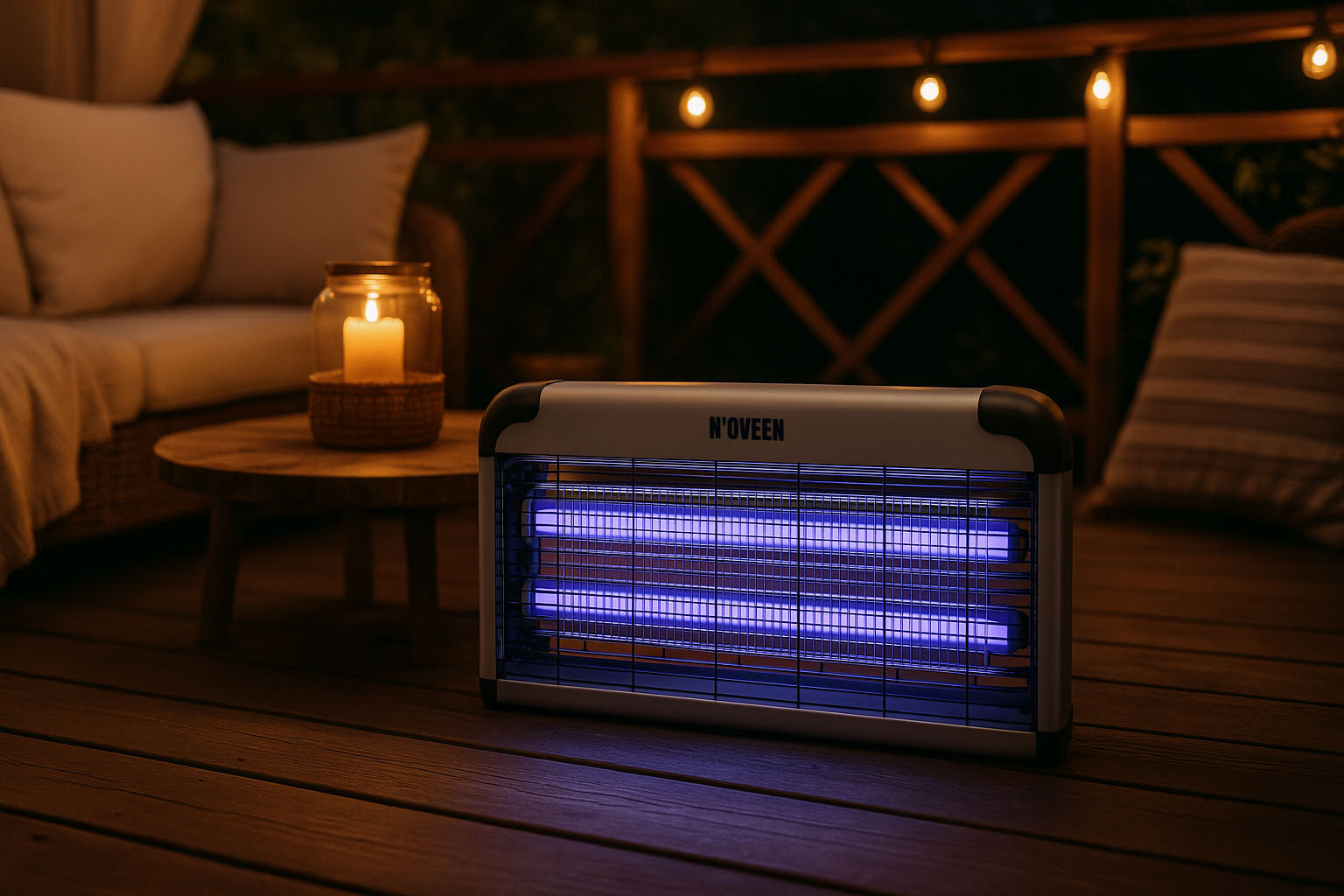 Zabójca owadów z niebieskimi światłami stoi na drewnianym tarasie obok stołu ze świecą.
