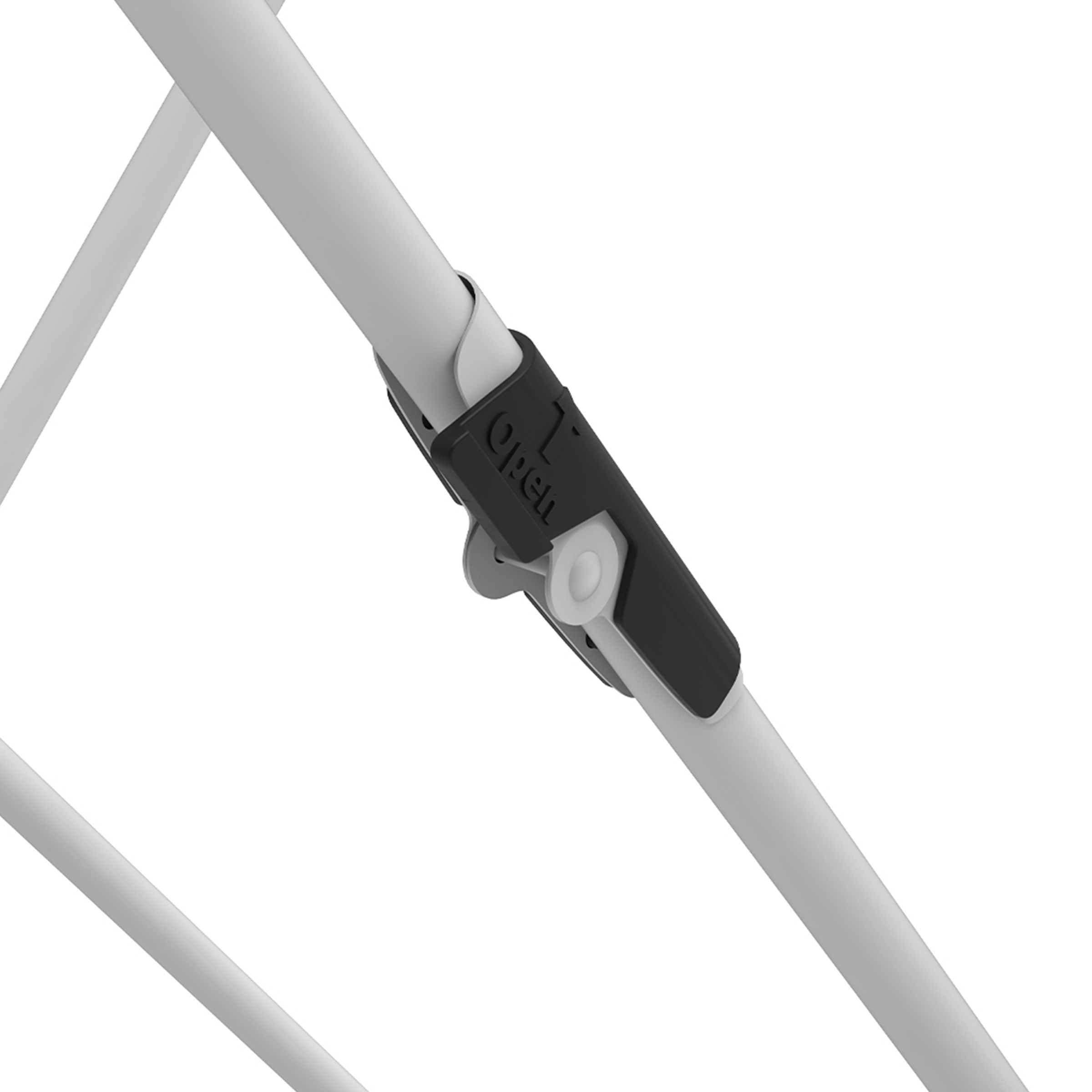 A black locking mechanism, marked "Open", secures two white tubes together.