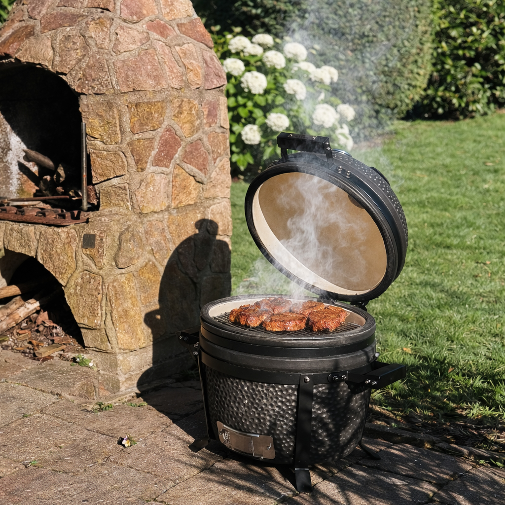 Fleisch auf einem Grill mit offenem Deckel, daneben ein Steingrill im Garten.