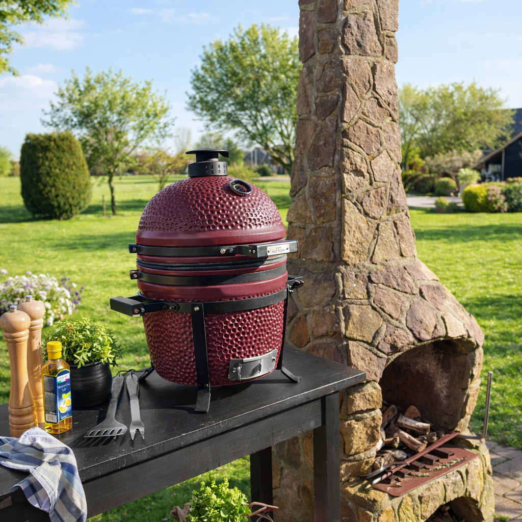 Ein burgunderroter Keramikgrill steht auf einem schwarzen Tisch neben einem Steinkamin im Freien.