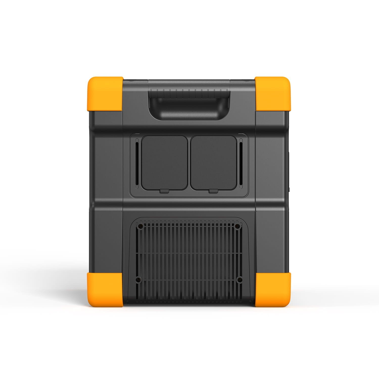 Przenośna elektrownia z pomarańczowymi narożnikami i uchwytem.