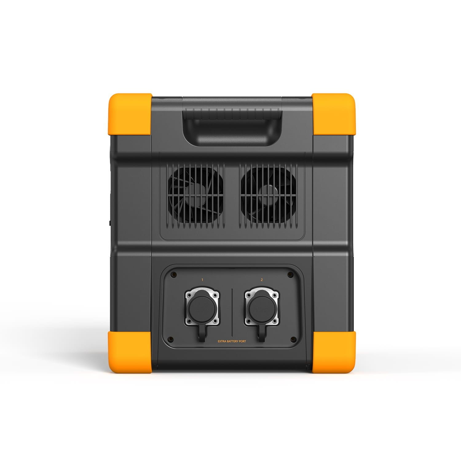 Czarna elektrownia z pomarańczowymi narożnikami i wentylatorami. Dwa porty.