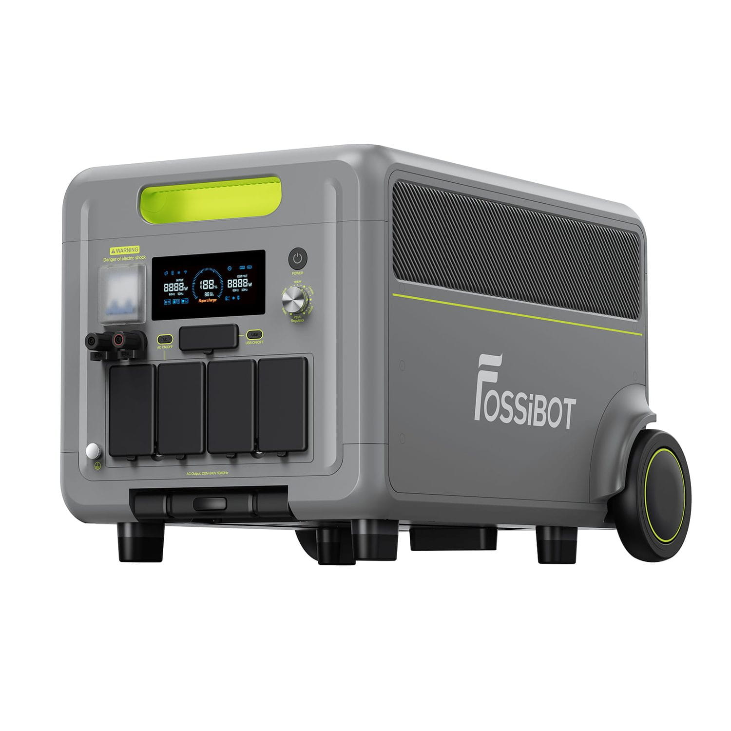 Szary, prostokątny generator prądu z kołami, cyfrowym wyświetlaczem i portami.