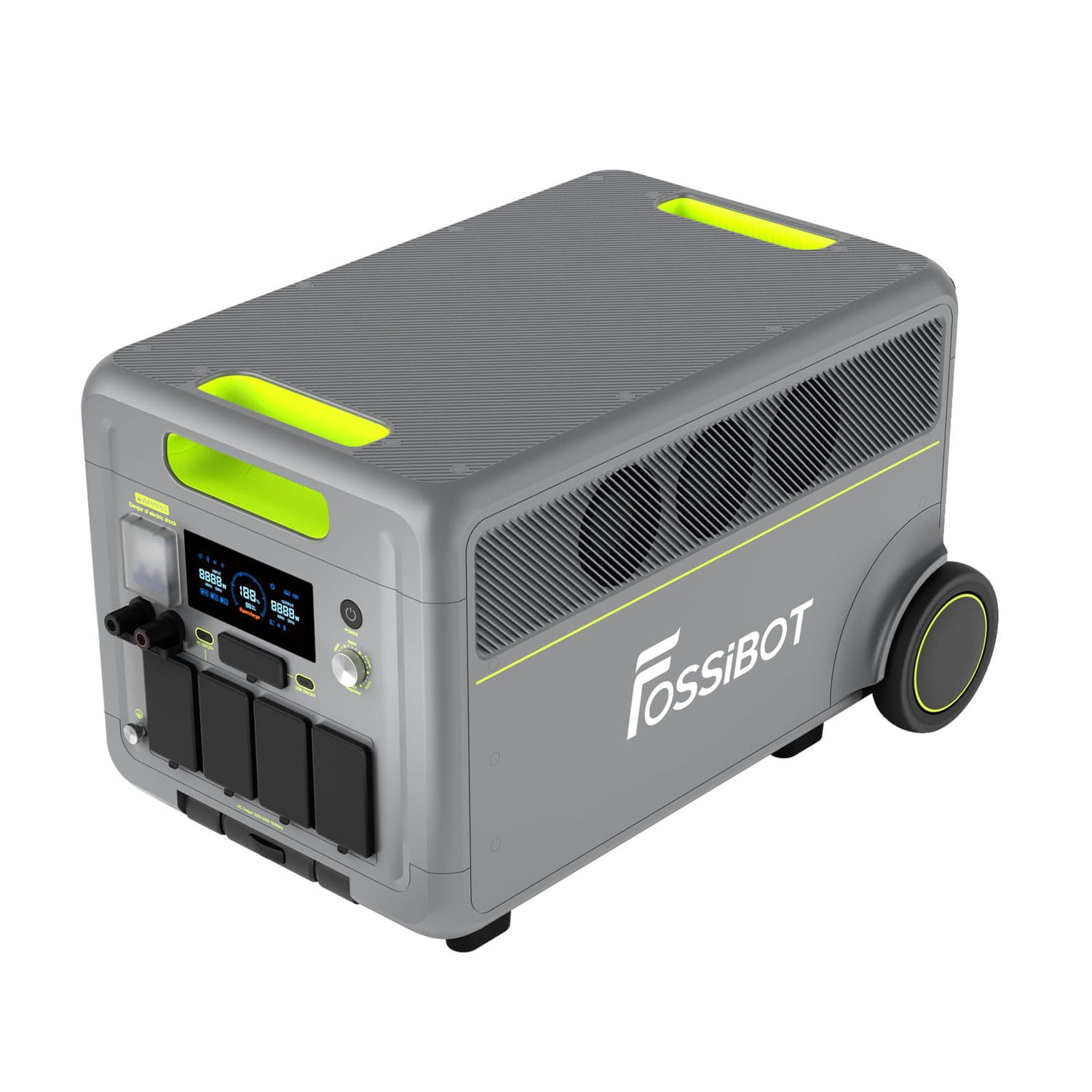 Szara, prostokątna stacja zasilania z żółtymi akcentami, kołami i wyświetlaczem.