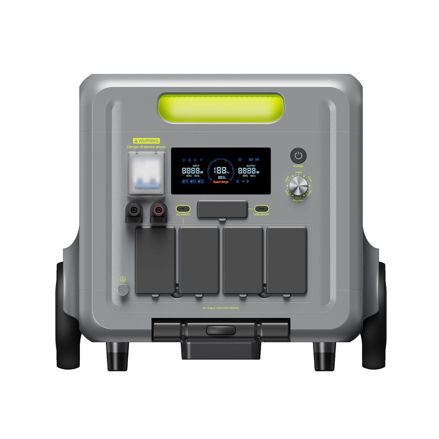Szara przenośna stacja zasilania z wyświetlaczem, gniazdami i kontrolkami.