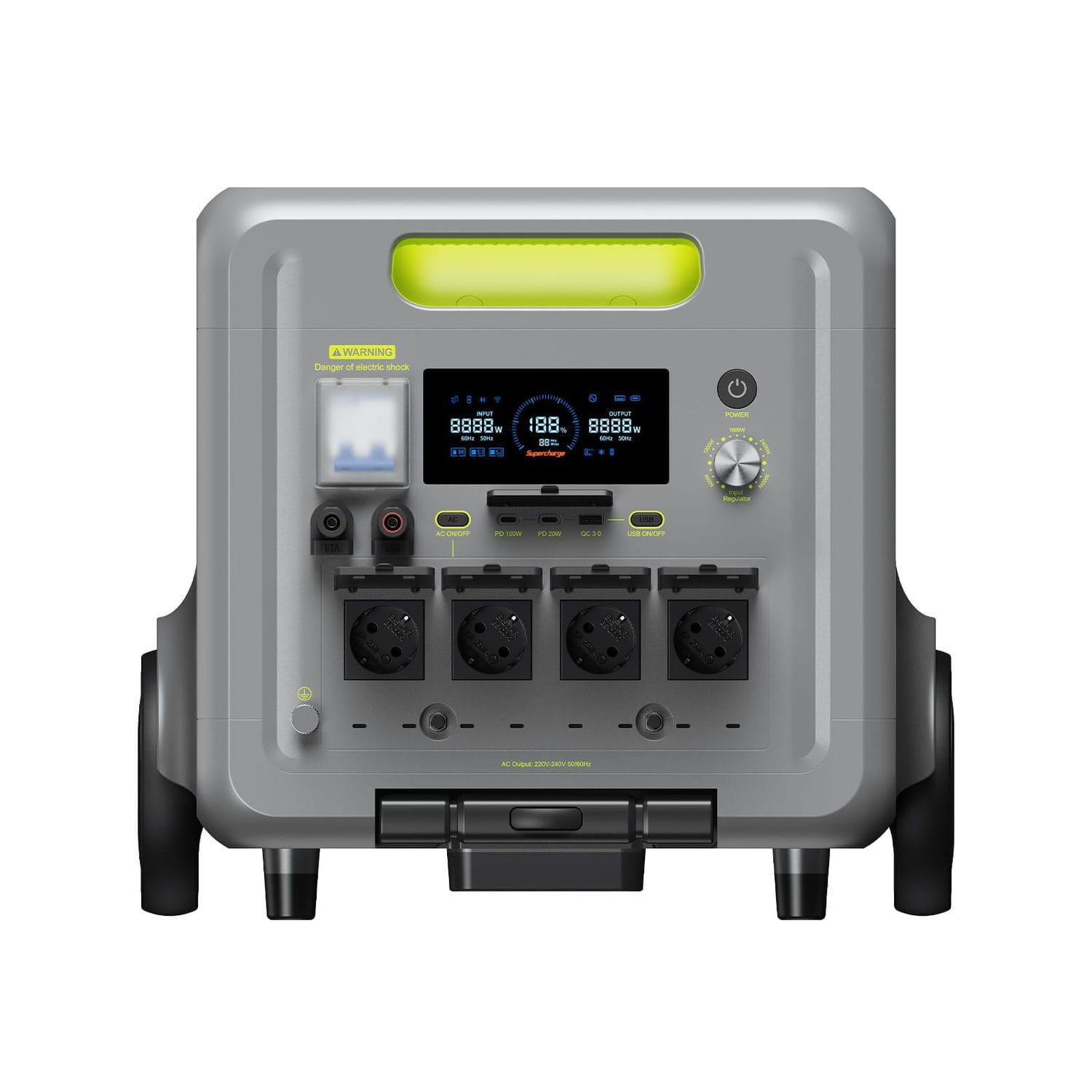 Szara stacja zasilania z portami, wyświetlaczem i zielonym uchwytem.