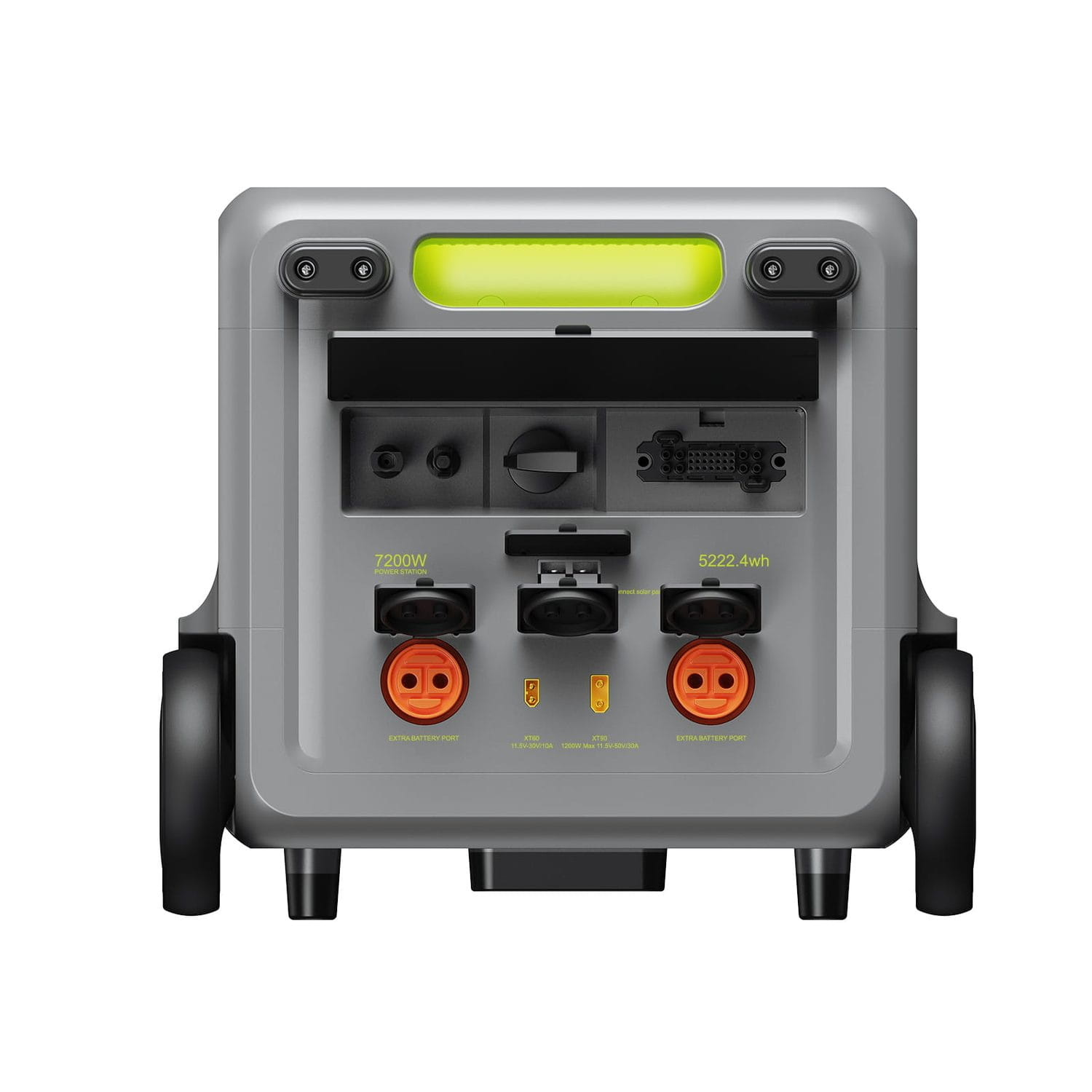 Szara stacja zasilania z kołami i portami, z zielonym paskiem świetlnym.