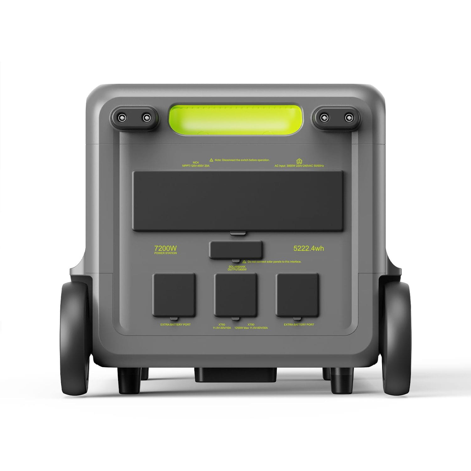 Szara stacja zasilania z kołami i portami. Zielone światło na górze.