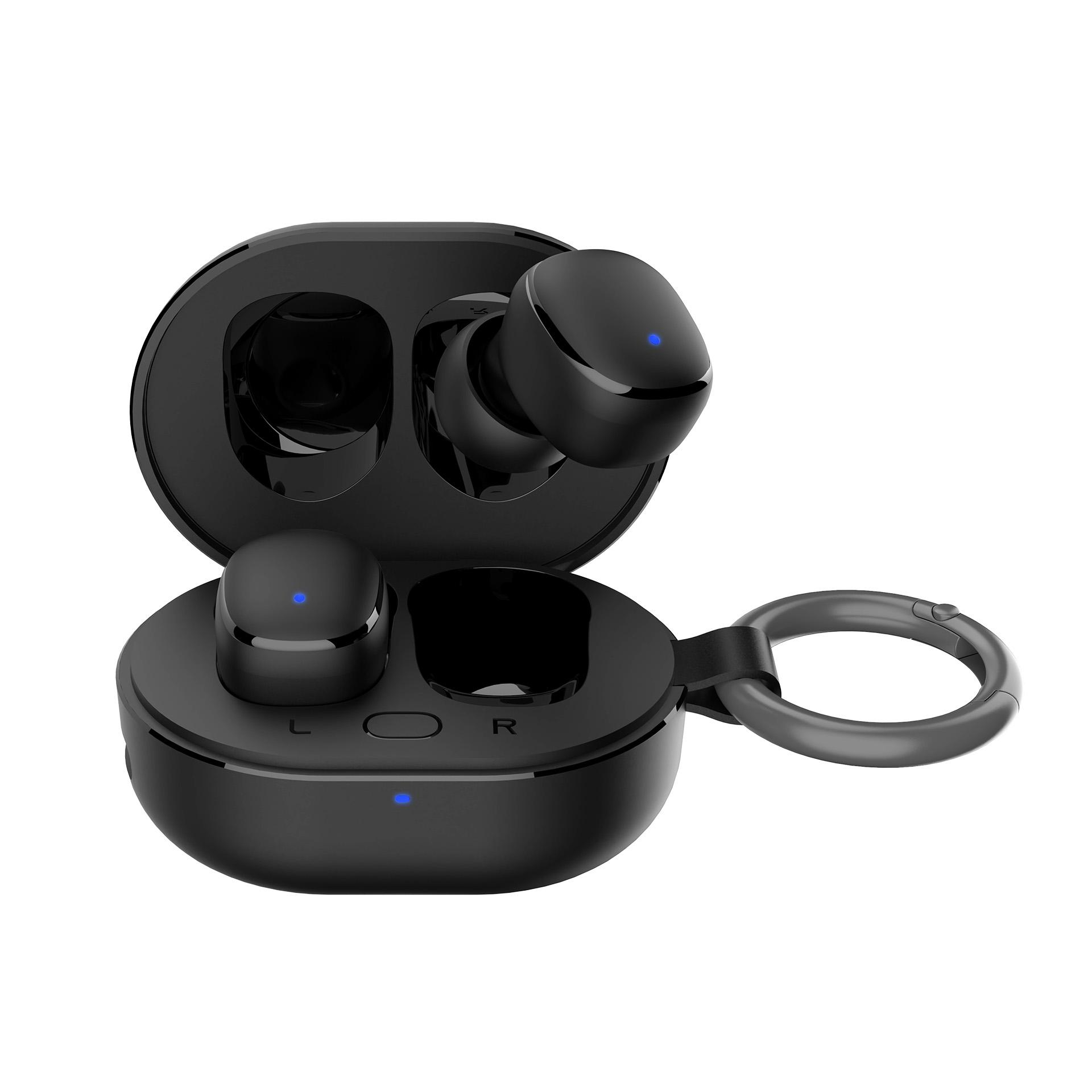 Auricolari wireless neri in una custodia di ricarica aperta con spie blu.