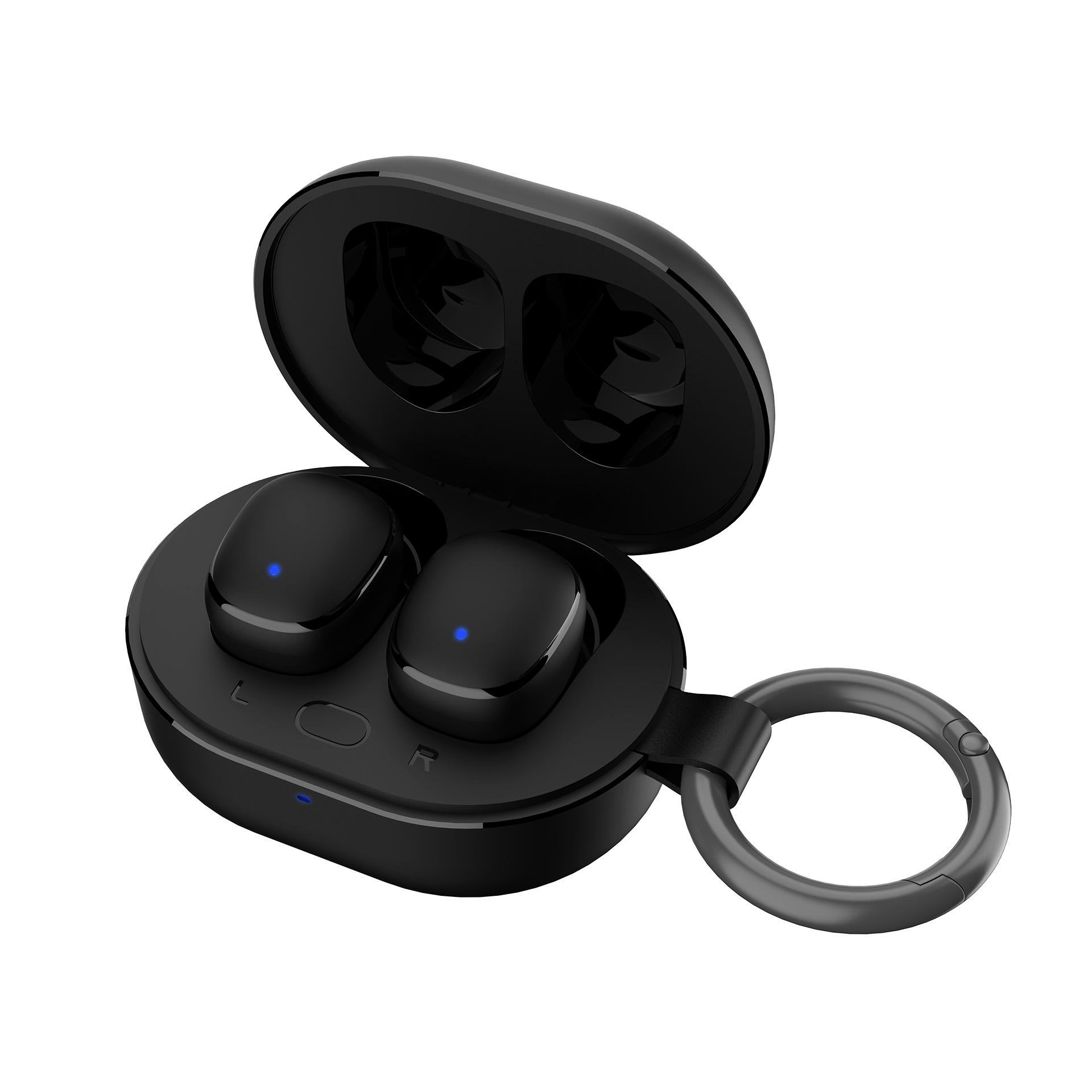 Auricolari wireless neri con custodia di ricarica e anello portachiavi.
