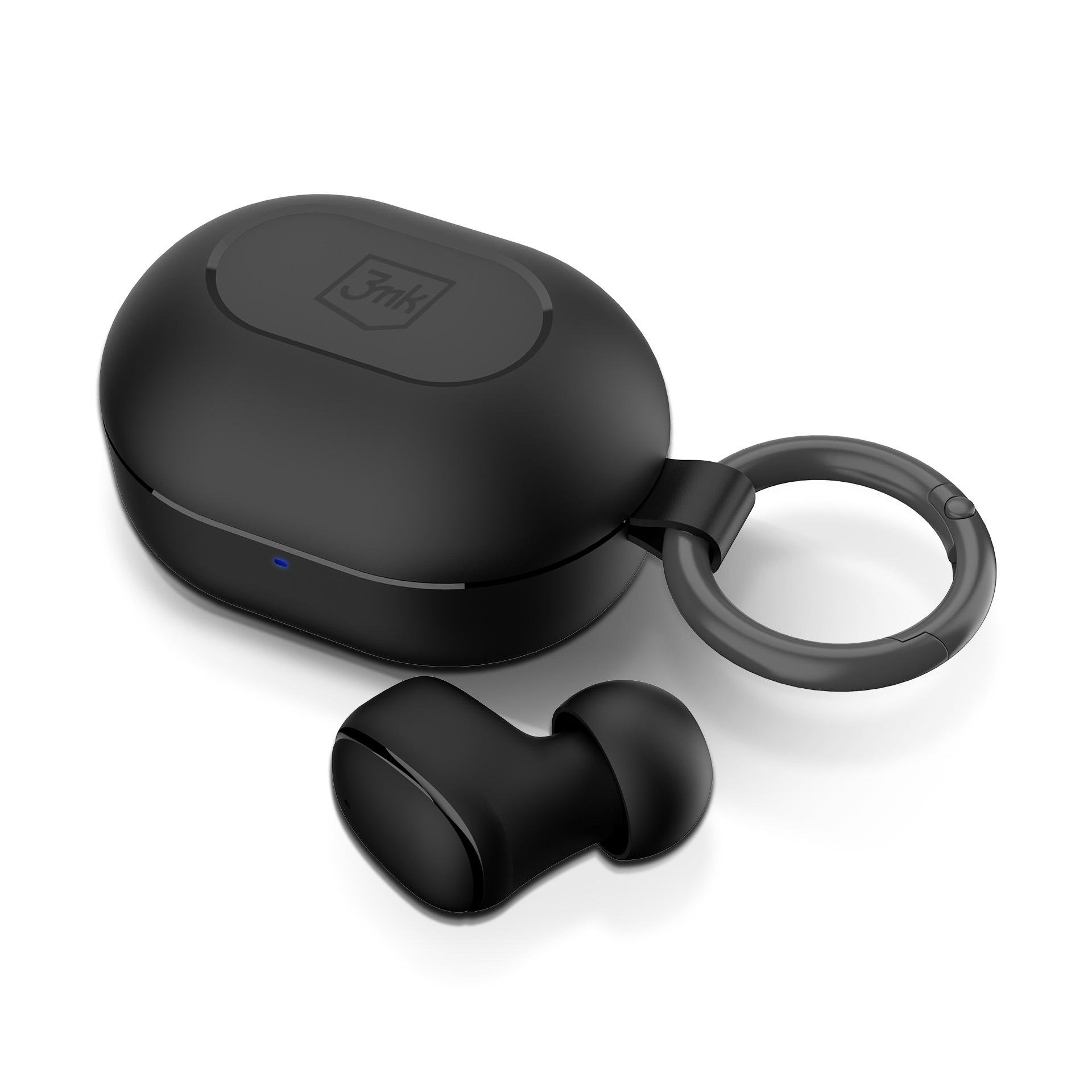 Auricolari wireless neri con custodia di ricarica e anello portachiavi.