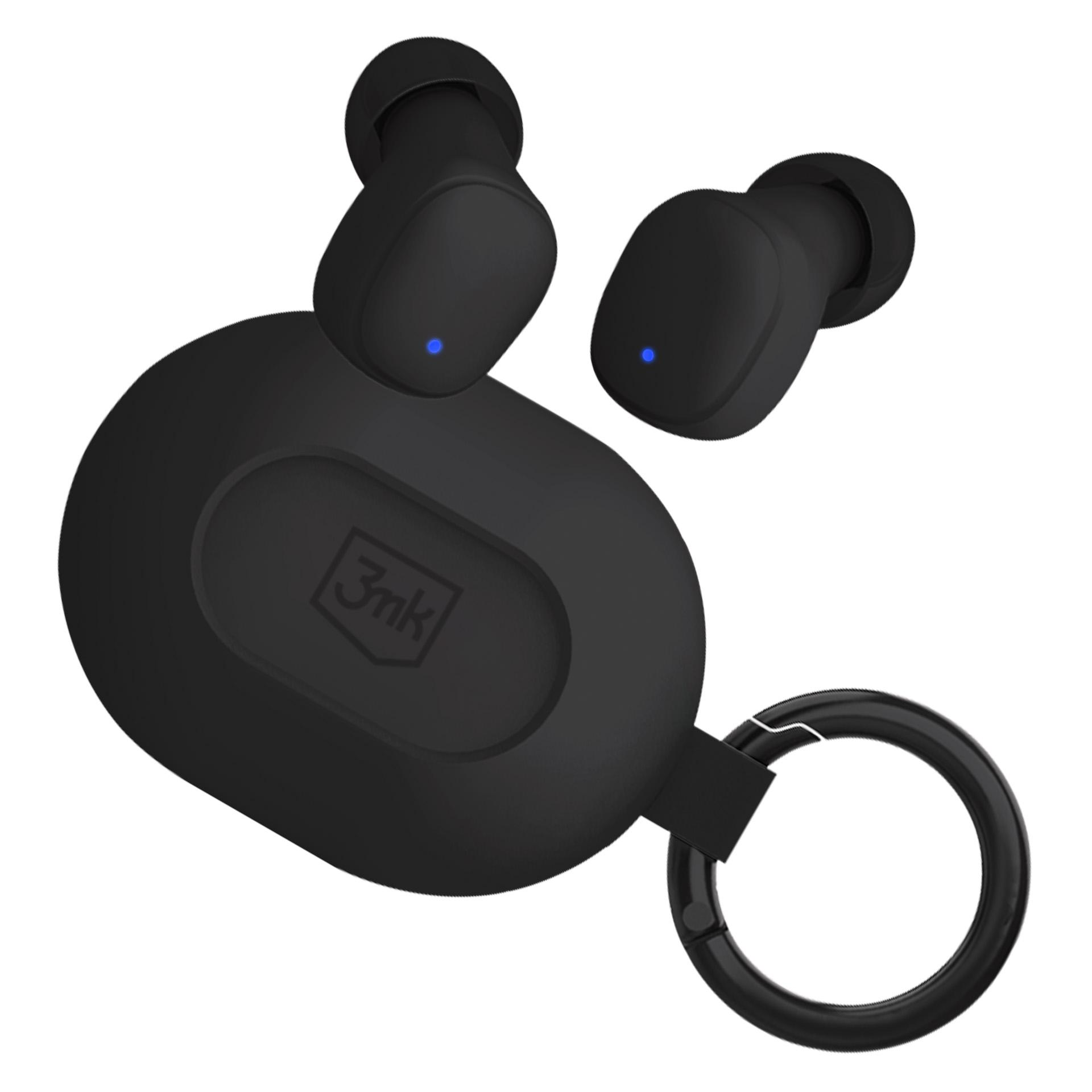Auricolari wireless neri con custodia di ricarica e luci blu.