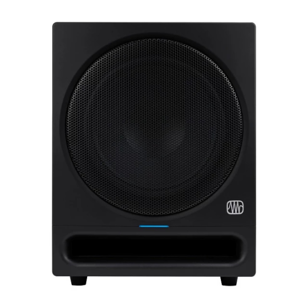 Czarny subwoofer z okrągłą kratką głośnika i niebieskim paskiem światła.