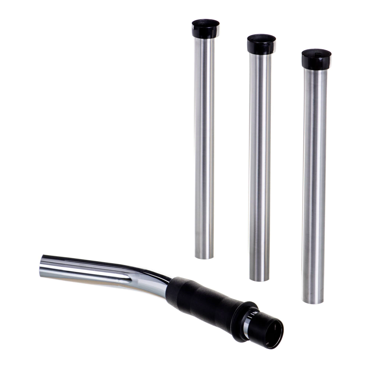 Trzy srebrne rury z czarnymi nakładkami i zakrzywiona rura z czarnym uchwytem.