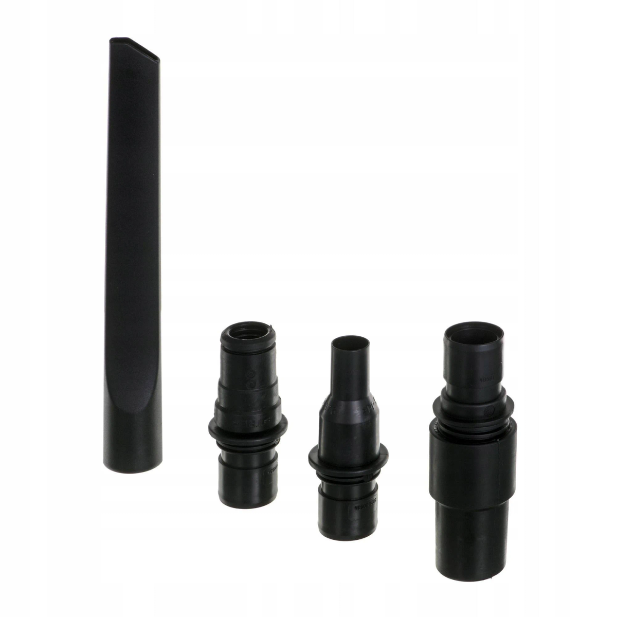 Cztery czarne końcówki do odkurzacza, w tym płaska dysza i trzy adaptery.