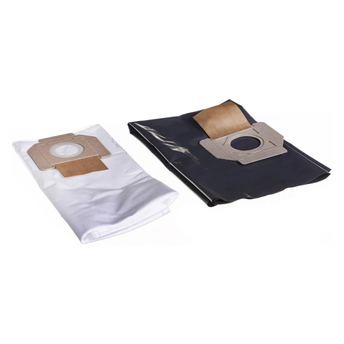 Dwa worki do odkurzacza, jeden biały i jeden czarny, z brązowymi mocowaniami z tektury.