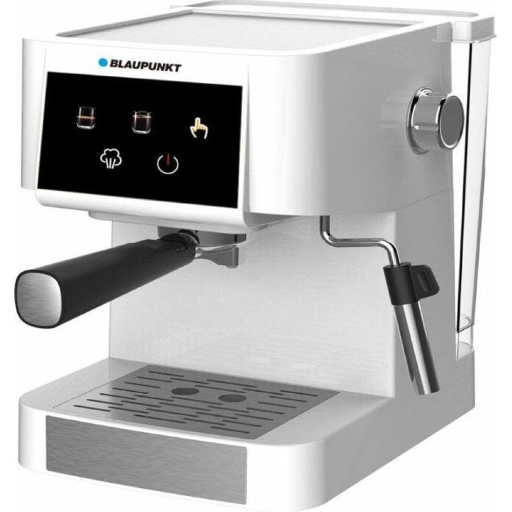 Una macchina per espresso Blaupunkt bianca con pannello di controllo nero e accenti metallici.