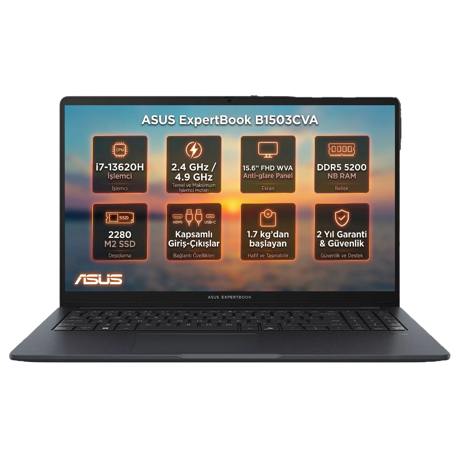 Teknik özelliklerin ekranda görüntülendiği siyah bir ASUS ExpertBook dizüstü bilgisayar.
