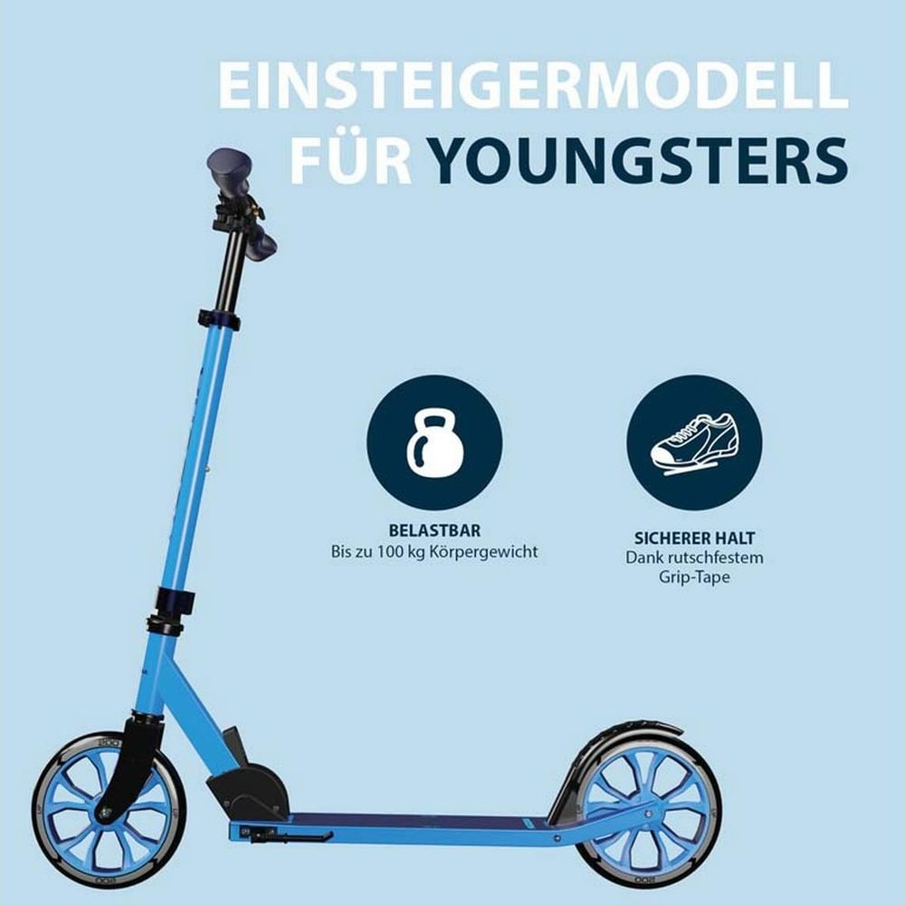 Blauer Roller für Youngsters mit Gewichtsangabe und Schuhsymbol.