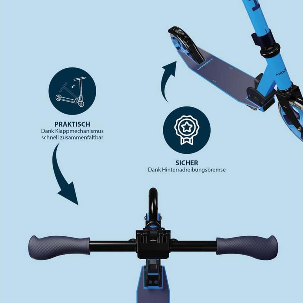 Blauer Roller mit faltbarem Mechanismus und Hinterradbremse.