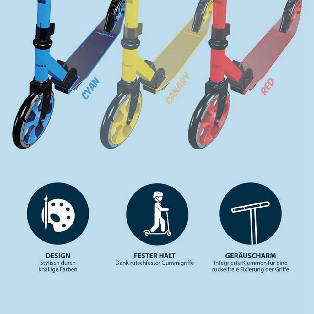 Drei Roller in Cyan, Gelb und Rot mit Icons für Design, Halt und Geräuscharmut.