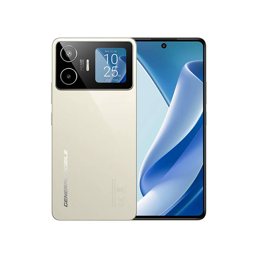 Arkada çift kamera ve zaman göstergesi bulunan krem rengi bir akıllı telefon.