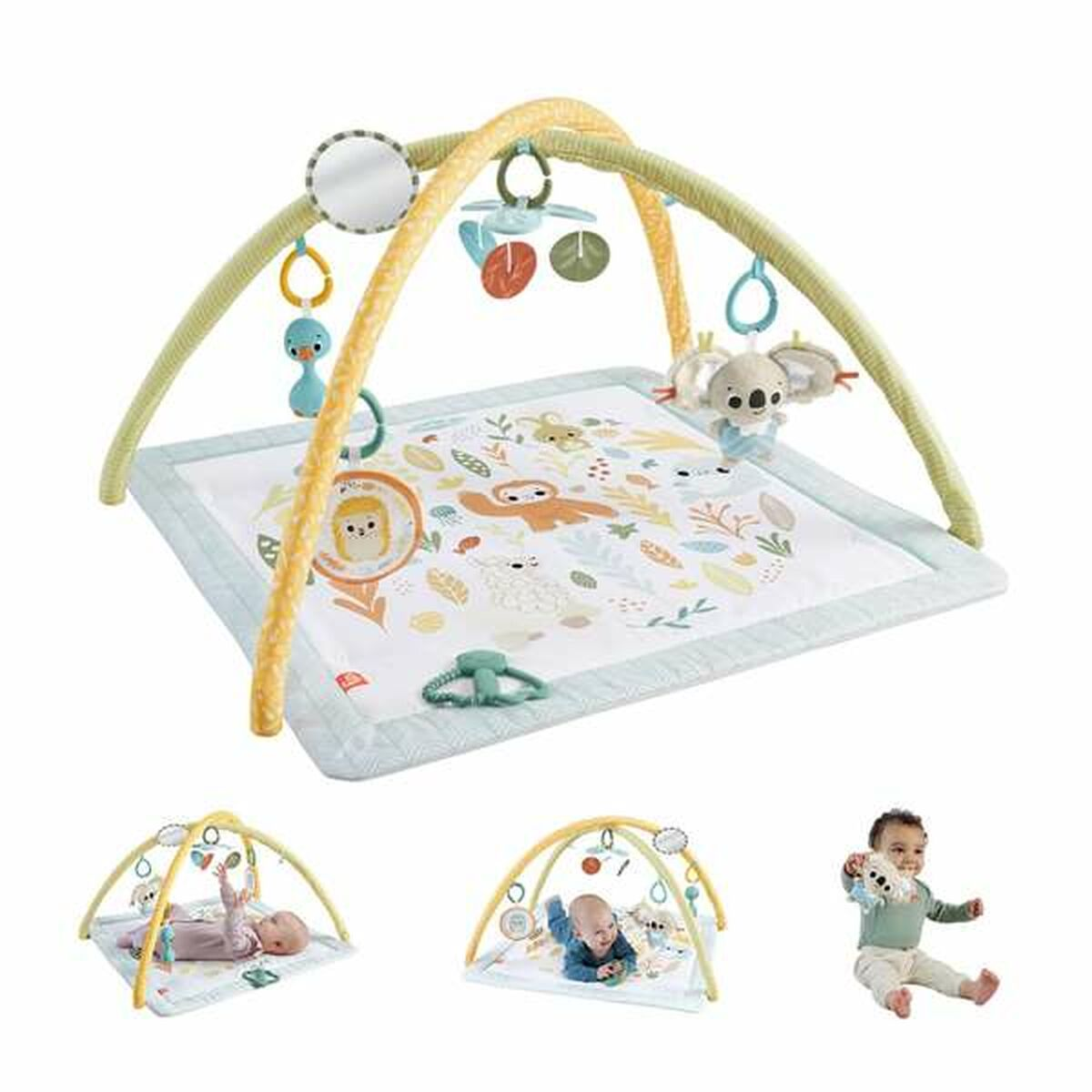 Spieldecke mit Spielbogen und Tieren für Babys. Gelb-grüner Bogen mit Anhängern.