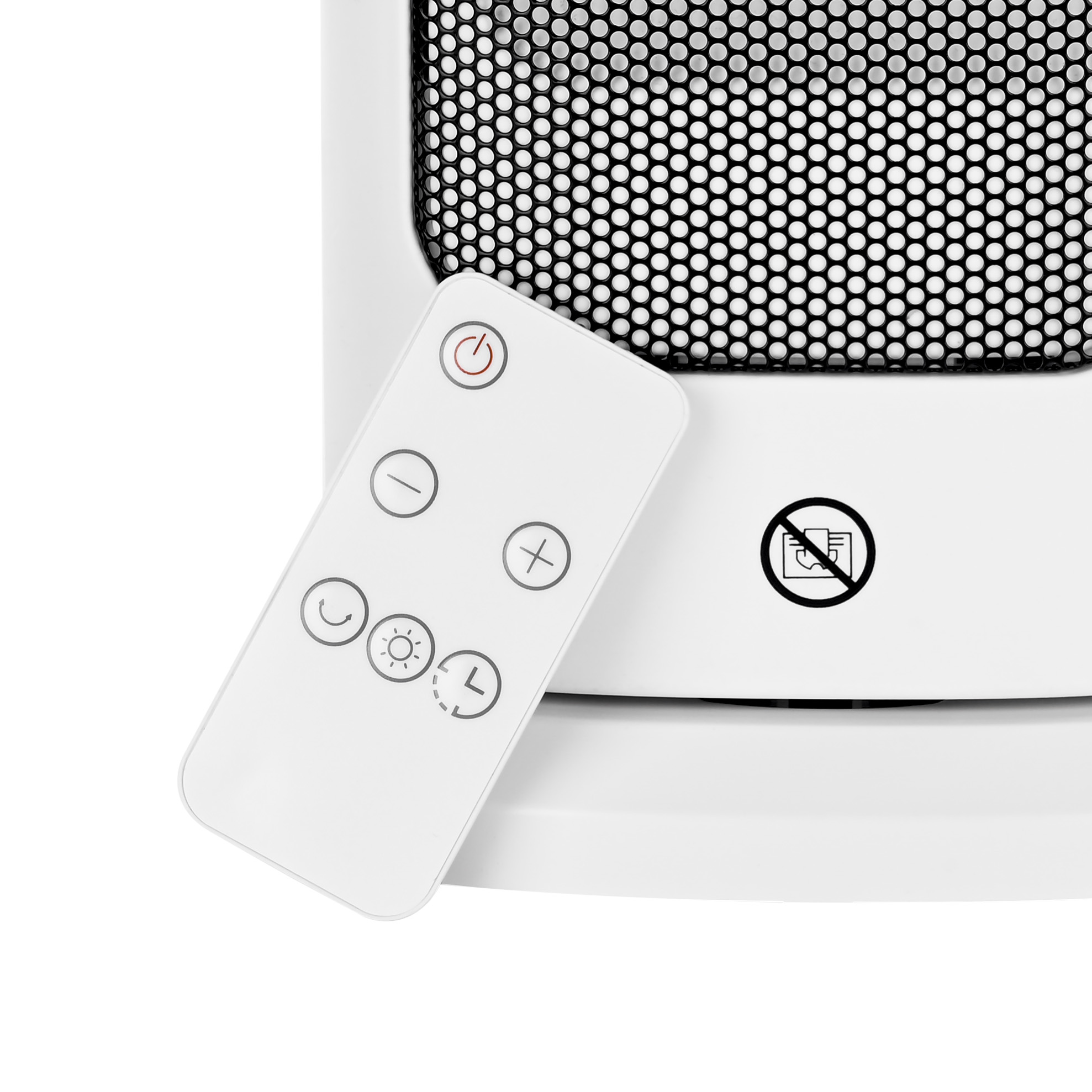 Biały pilot z przyciskiem zasilania i innymi ikonami na grzejniku.