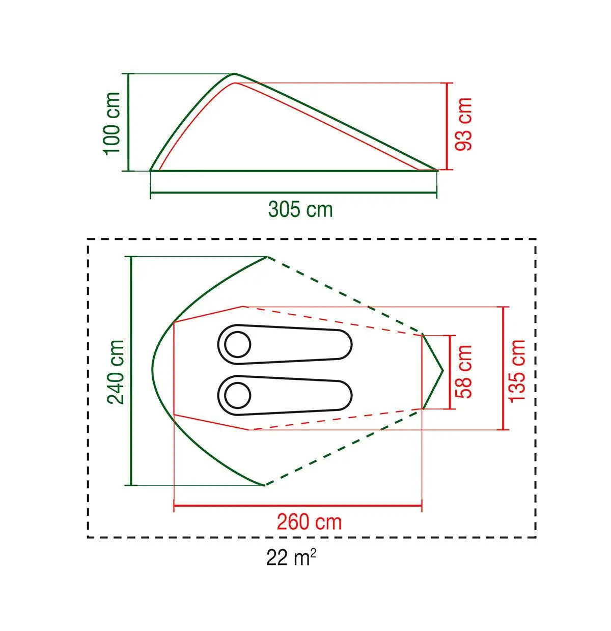 Zeltgrundriss und Seitenansicht mit Maßen: Länge 305cm, Breite 240cm, Höhe 100cm.