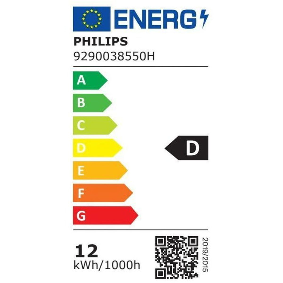 Etichetta di efficienza energetica con logo Philips, scala A-G, classe D, 12 kWh/1000h.