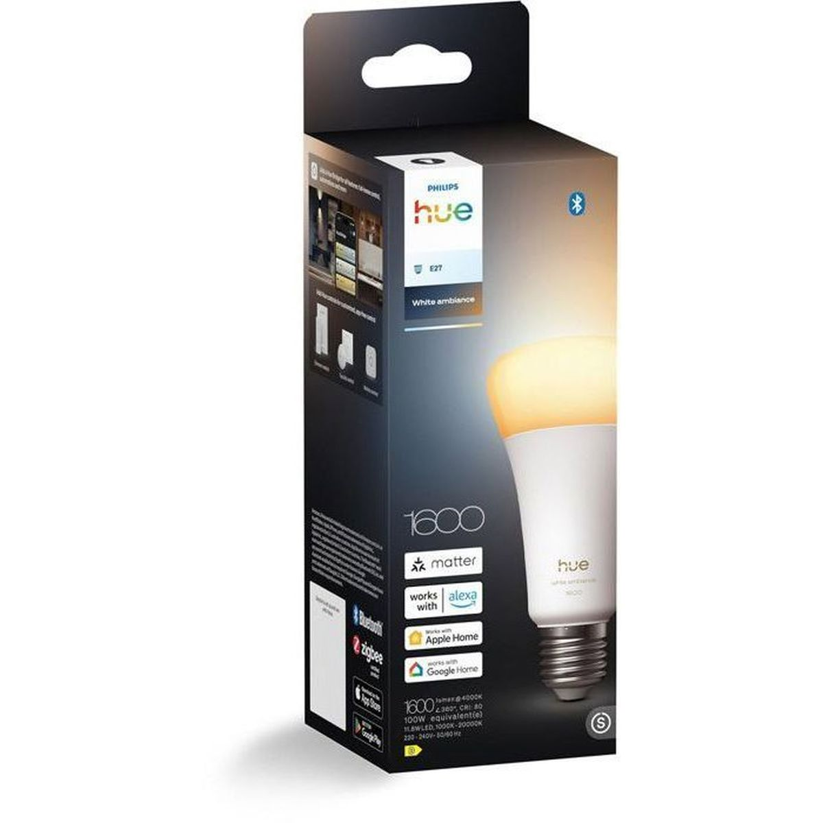 Lampadina Philips Hue E27 White Ambiance su scatola scura con info prodotto.